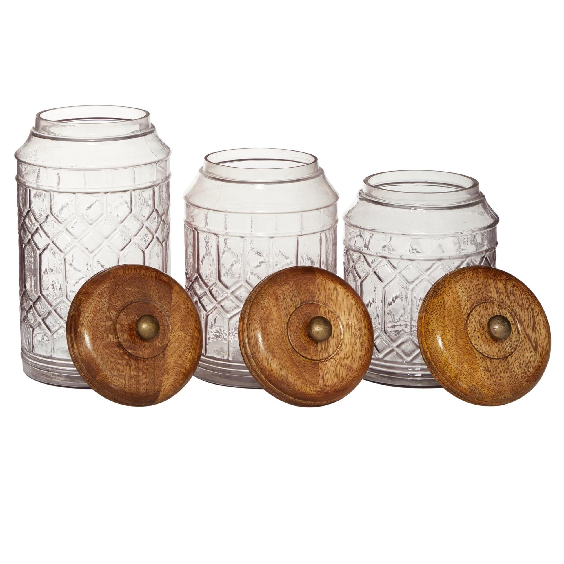 Set of 3 Clear Glass Living Room Decorative Jars with Wood Lids