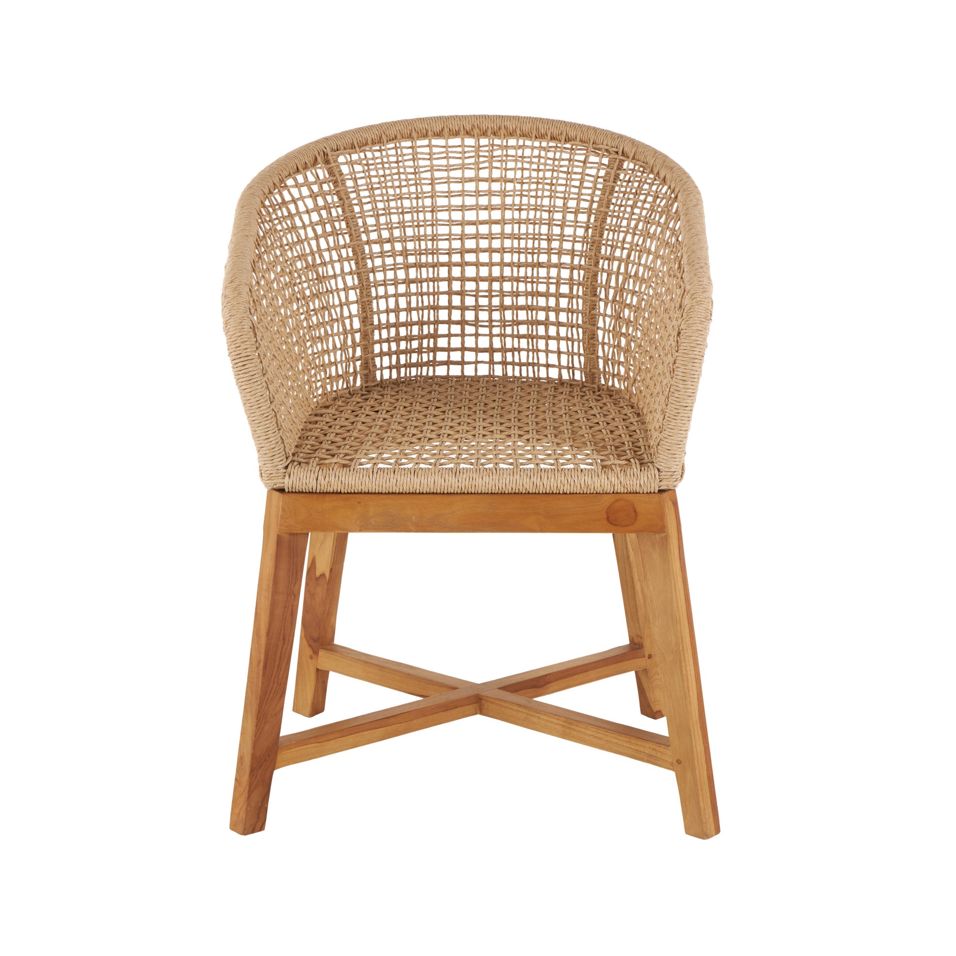 Light Brown Plastic Rattan Handmade Woven Rounded Living Room Accent Chair with Teak Frame