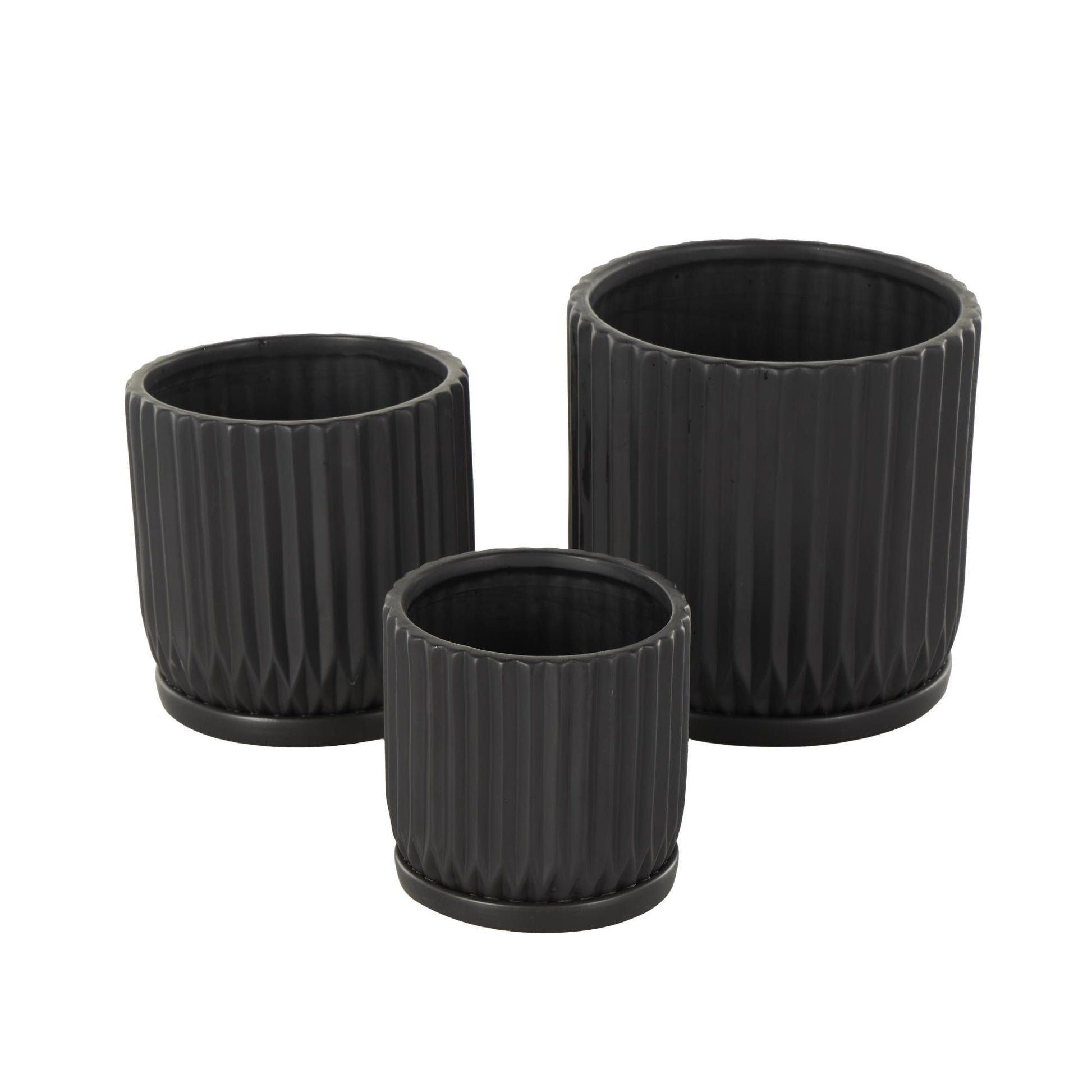 Set of 3 Ceramic Ribbed Indoor Outdoor Planter with Attached Saucer