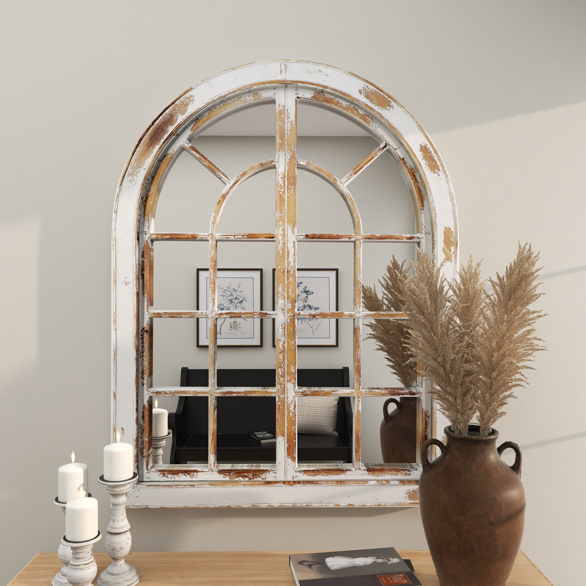 Wood Window Pane Inspired Room Wall Mirror with Arched Top and Distressing