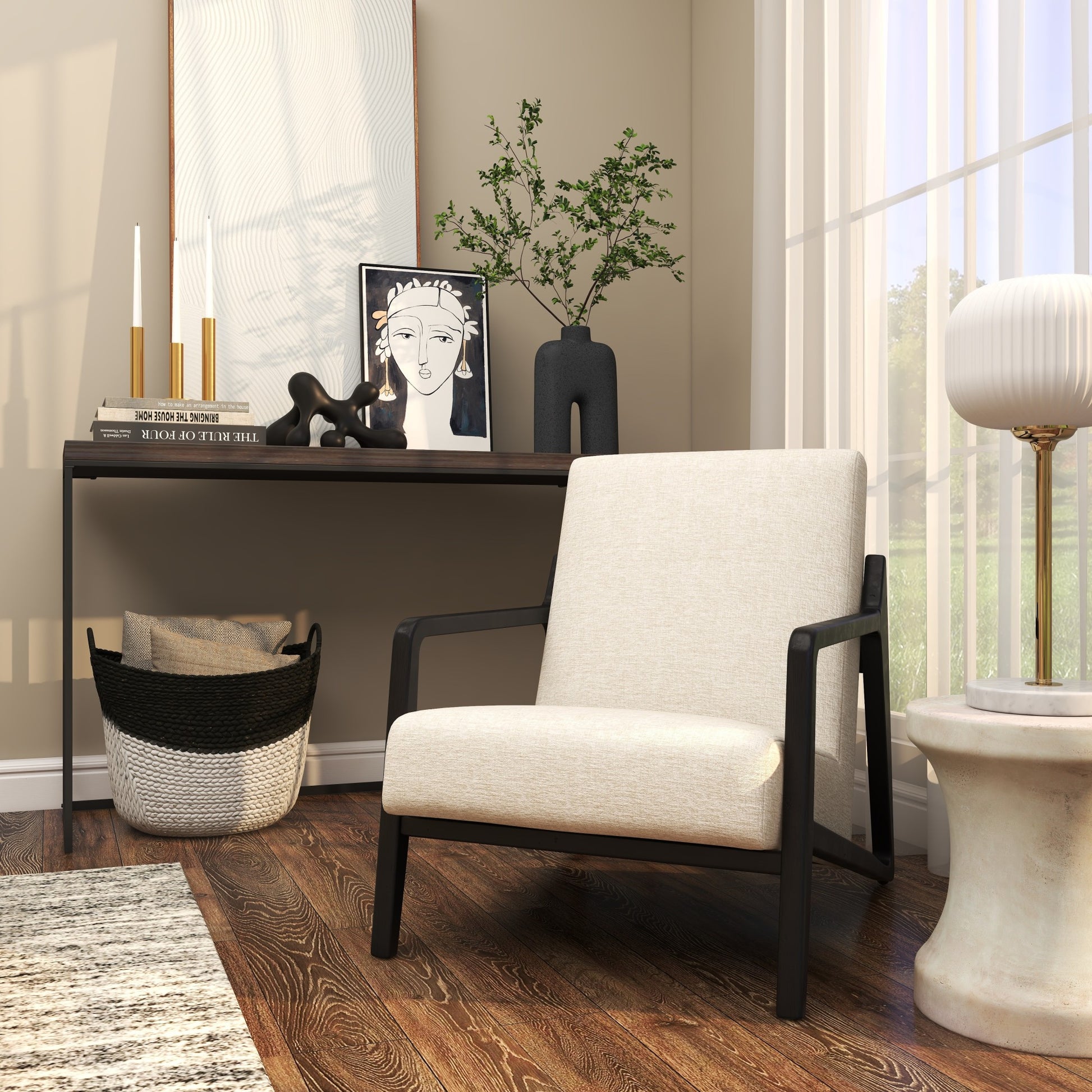 Cream Polyester Mid Century Modern Boucle Living Room Accent Chair with Black Wood Frame