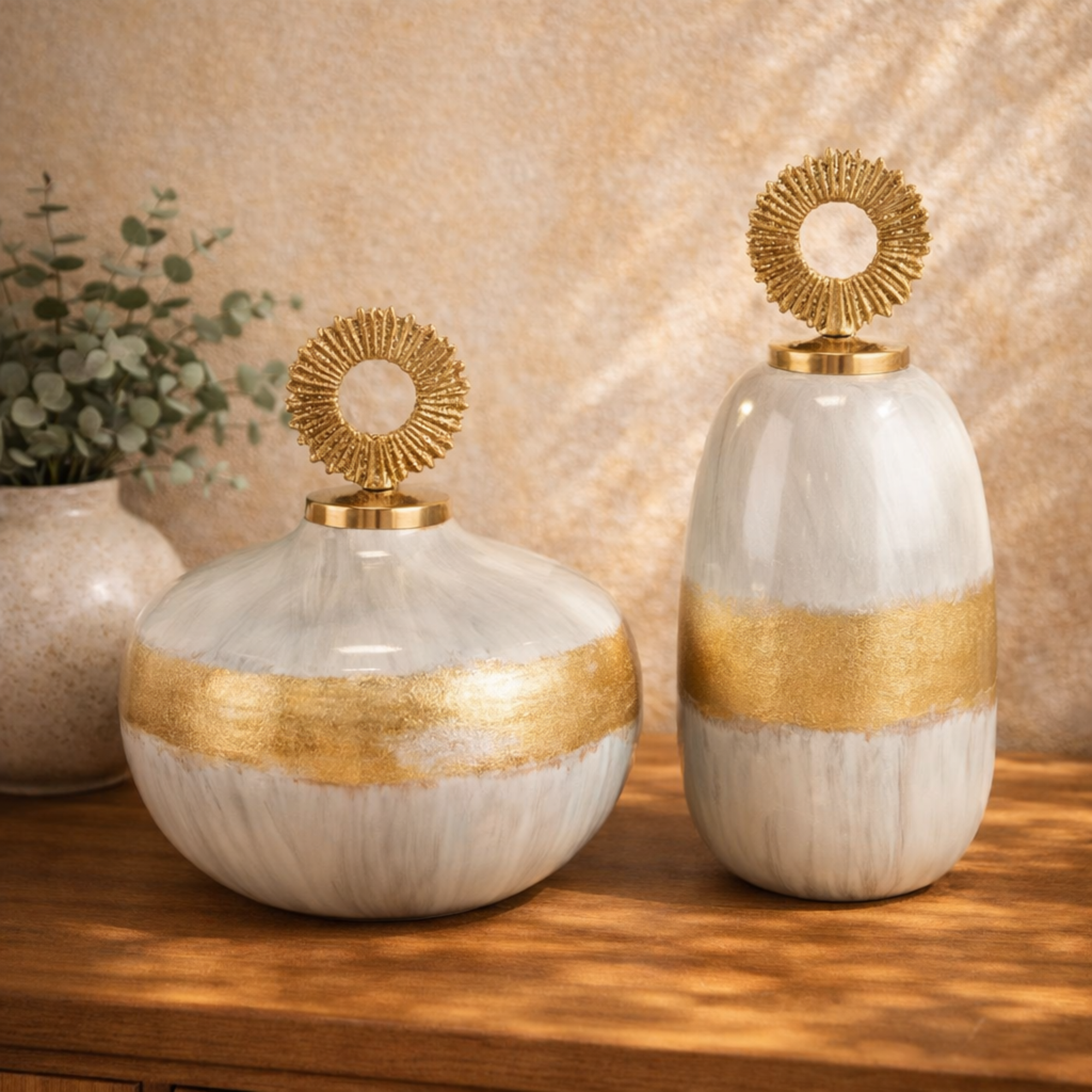 Set of 2 Metal Abstract Brushed Living Room Decorative Jars with Gold Ring Handles Set of 2 11", 13"H