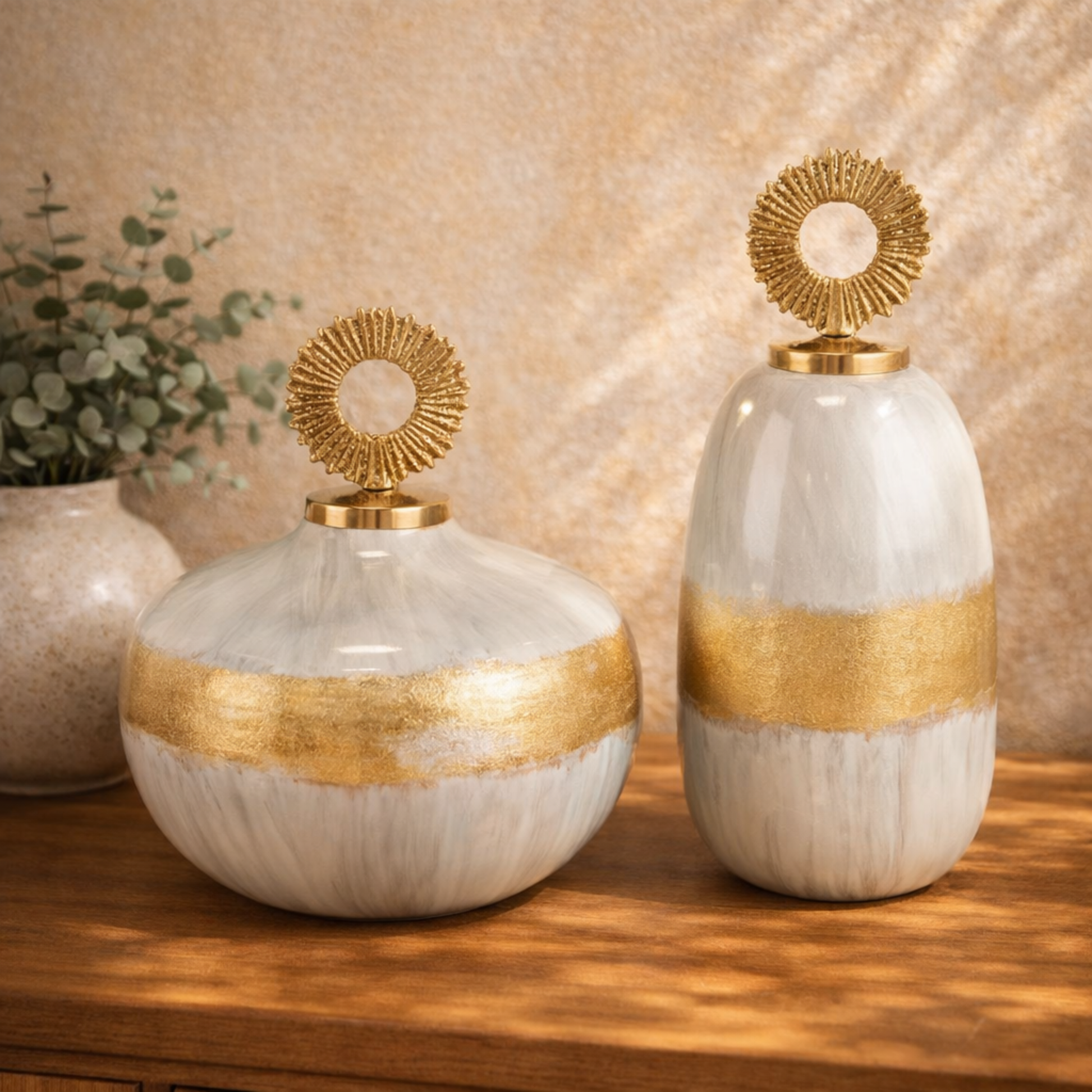 Set of 2 Metal Abstract Brushed Living Room Decorative Jars with Gold Ring Handles Set of 2 11", 13"H
