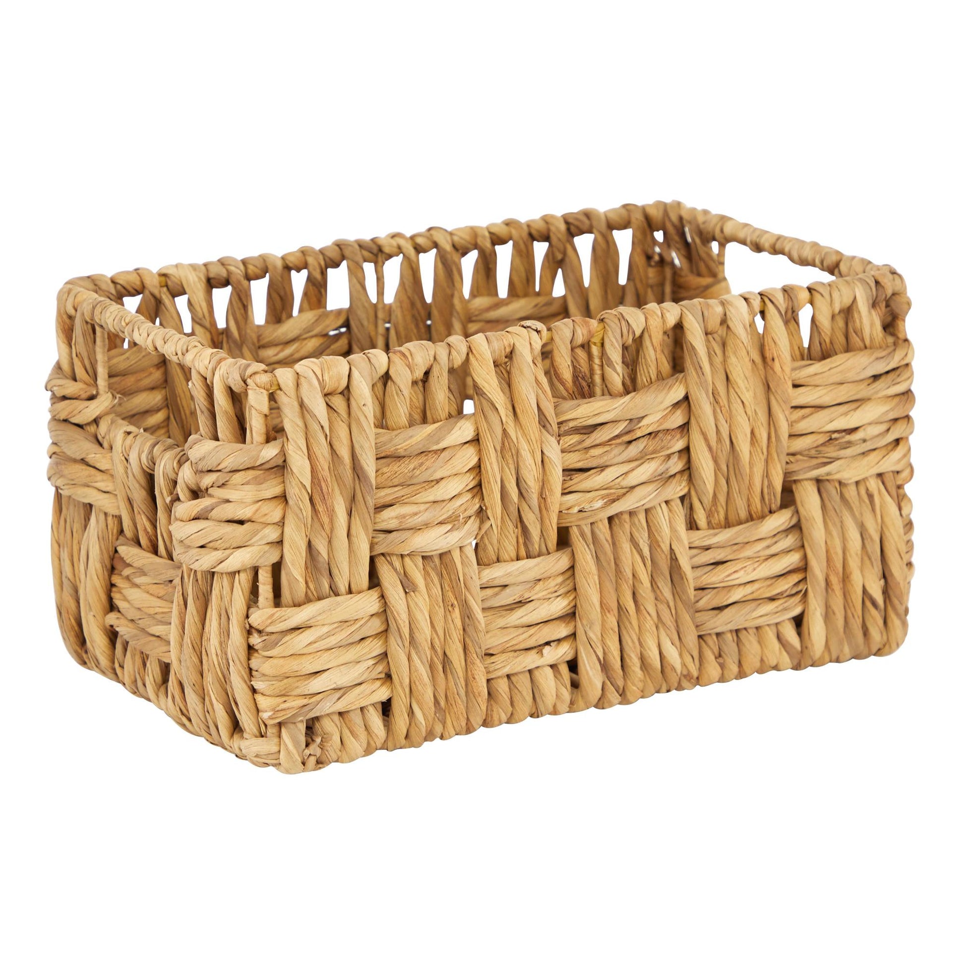 Set of 2 Brown Jute Rope Handmade Woven Rectangular Decorative and Functional Storage Basket with Slit Handles