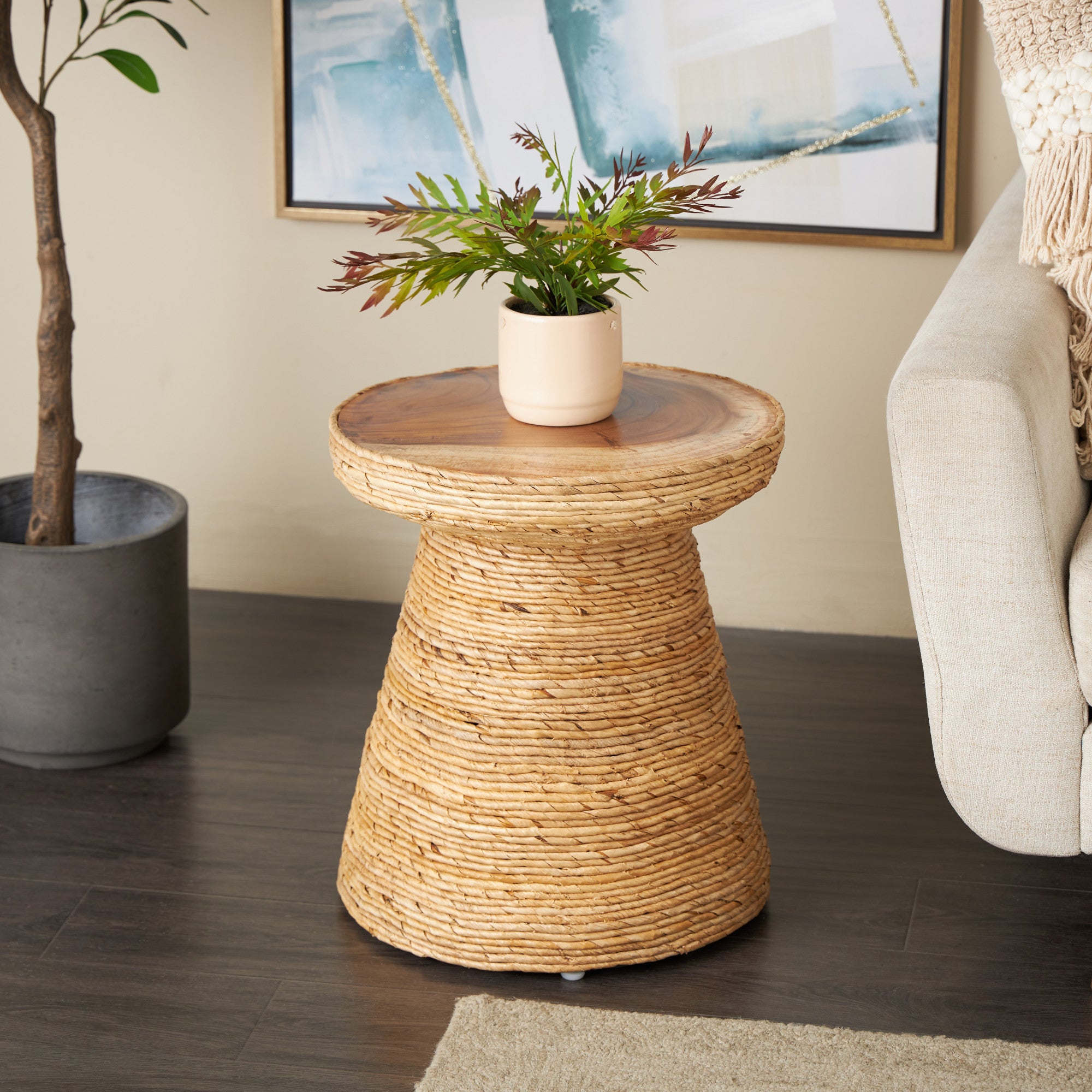 Brown Banana Leaf Handmade Woven Side End Accent Table with Wooden Tabletop