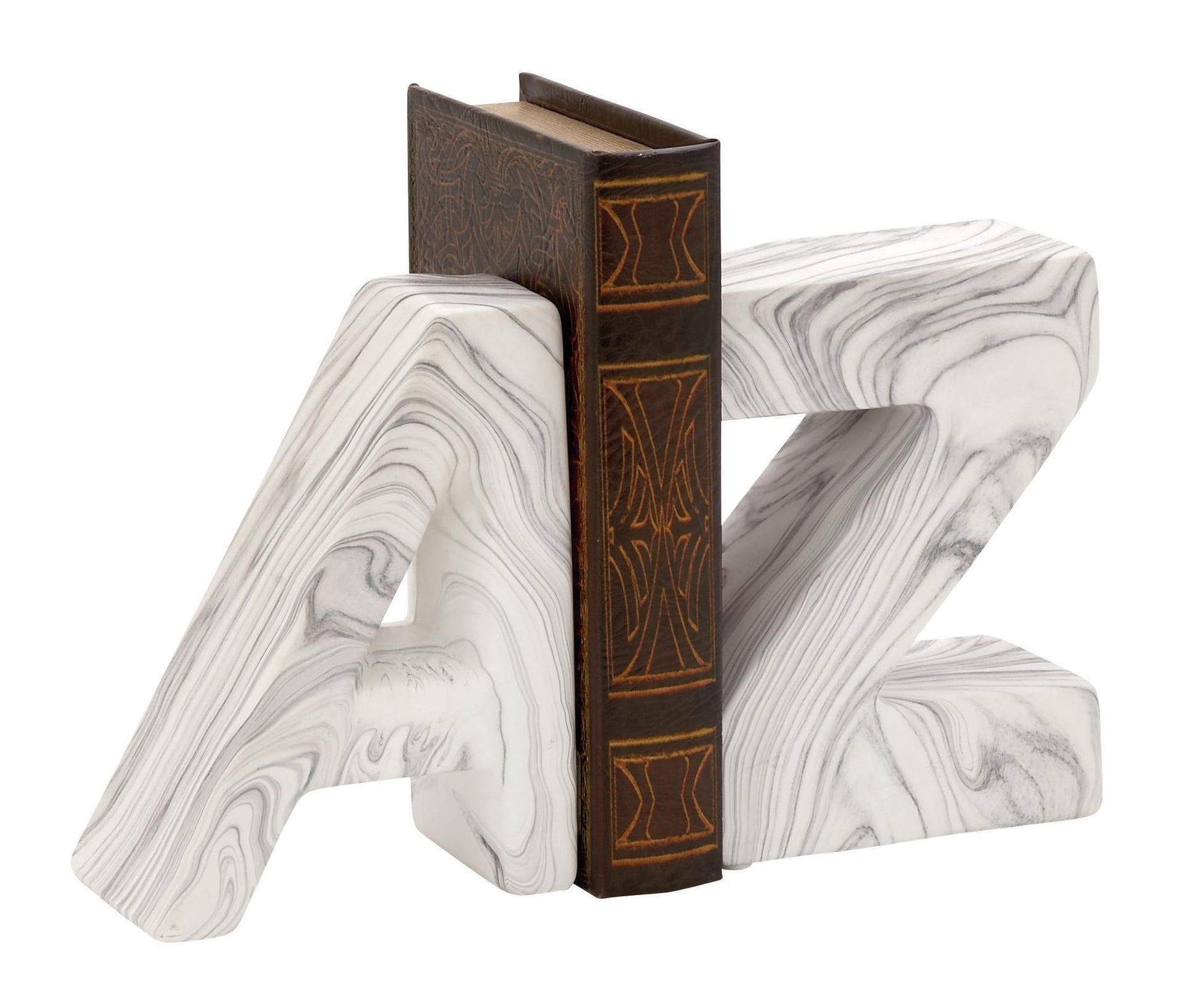 CosmoLiving by Cosmopolitan Set of 2 Text White Ceramic A Z Decorative Bookends with Faux Marble Finish