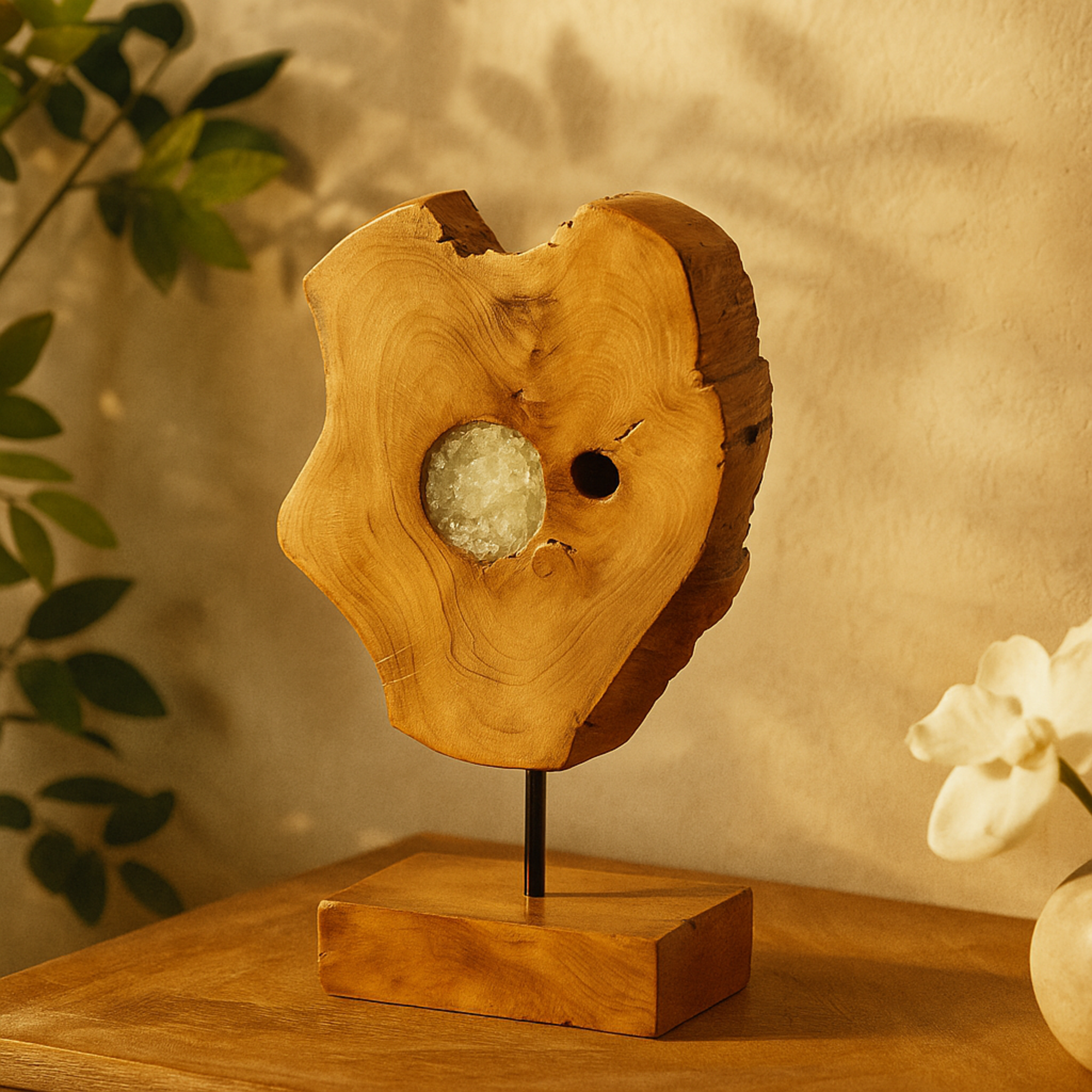 Abstract Brown Teak Wood Decorative Sculpture with Resin Embedded