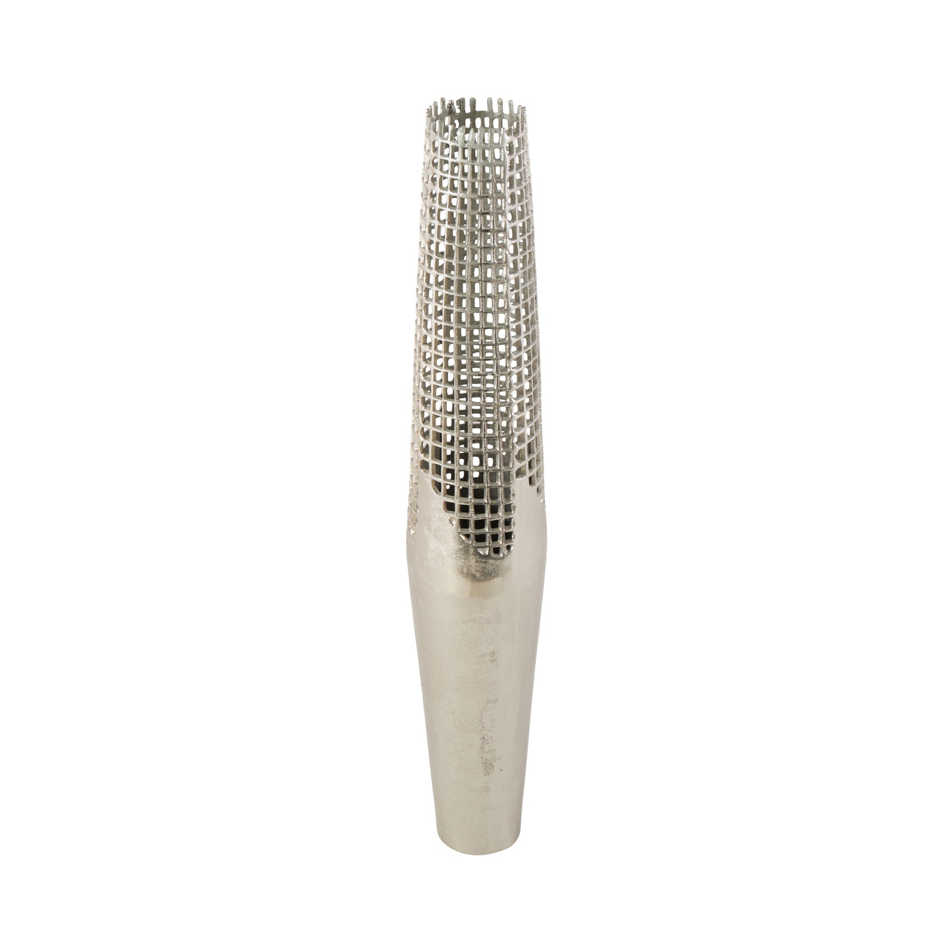 Silver Aluminum Metal Tall Grid Inspired Decorative Vase with Open Frame Design