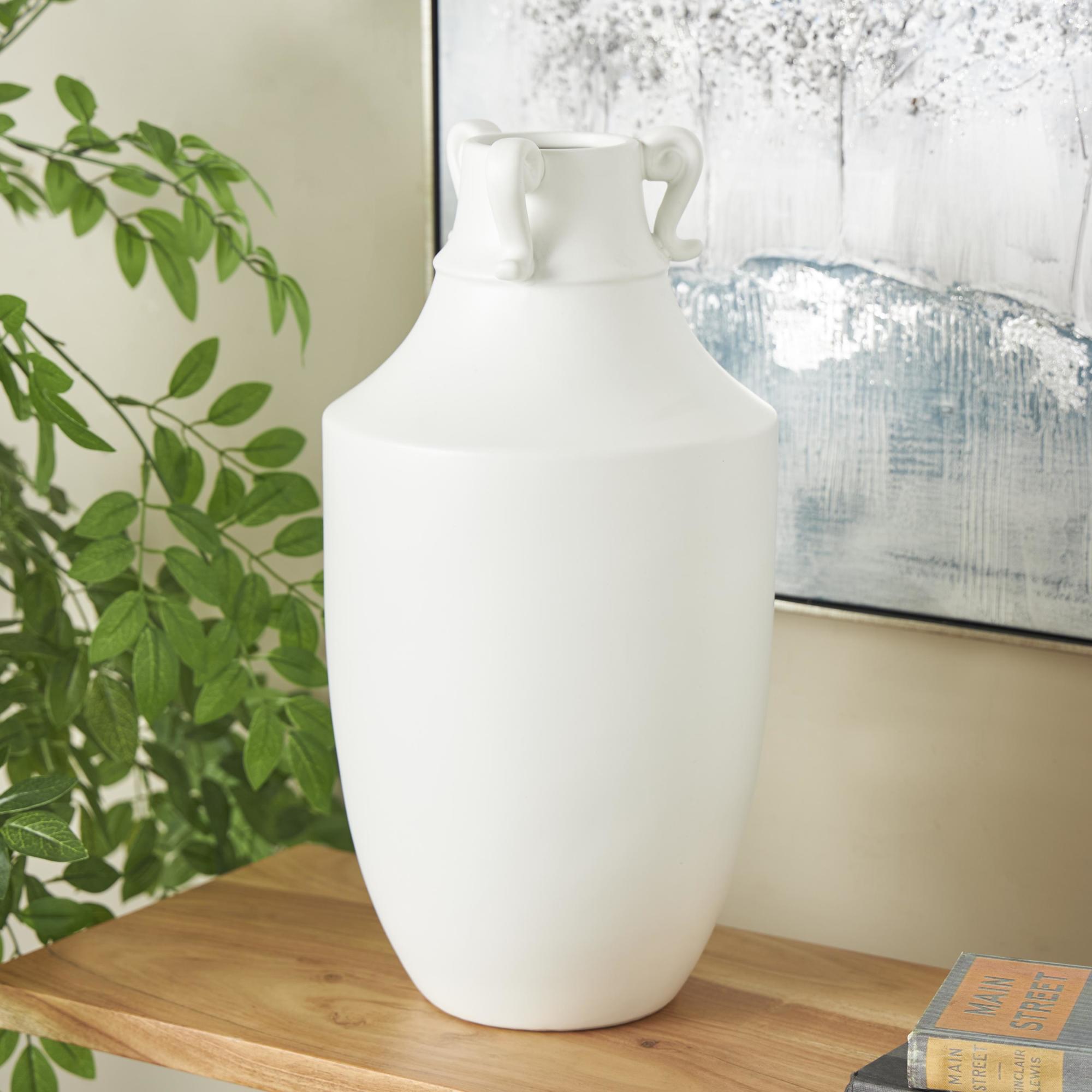Scroll White Ceramic Sleek Amphora Decorative Vase with Handles