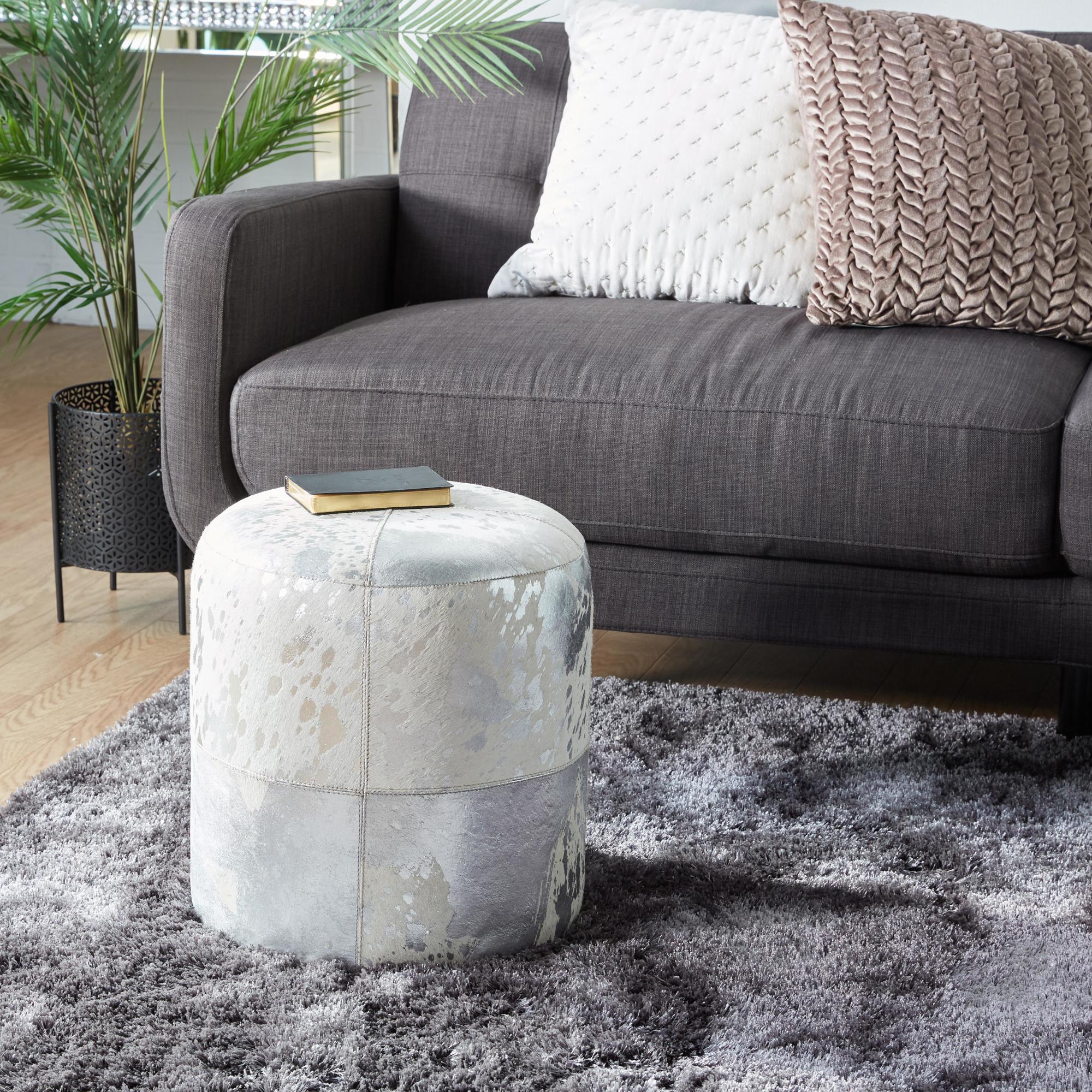 Leather Handmade Cowhide Living Room Stool with Patchwork Pattern