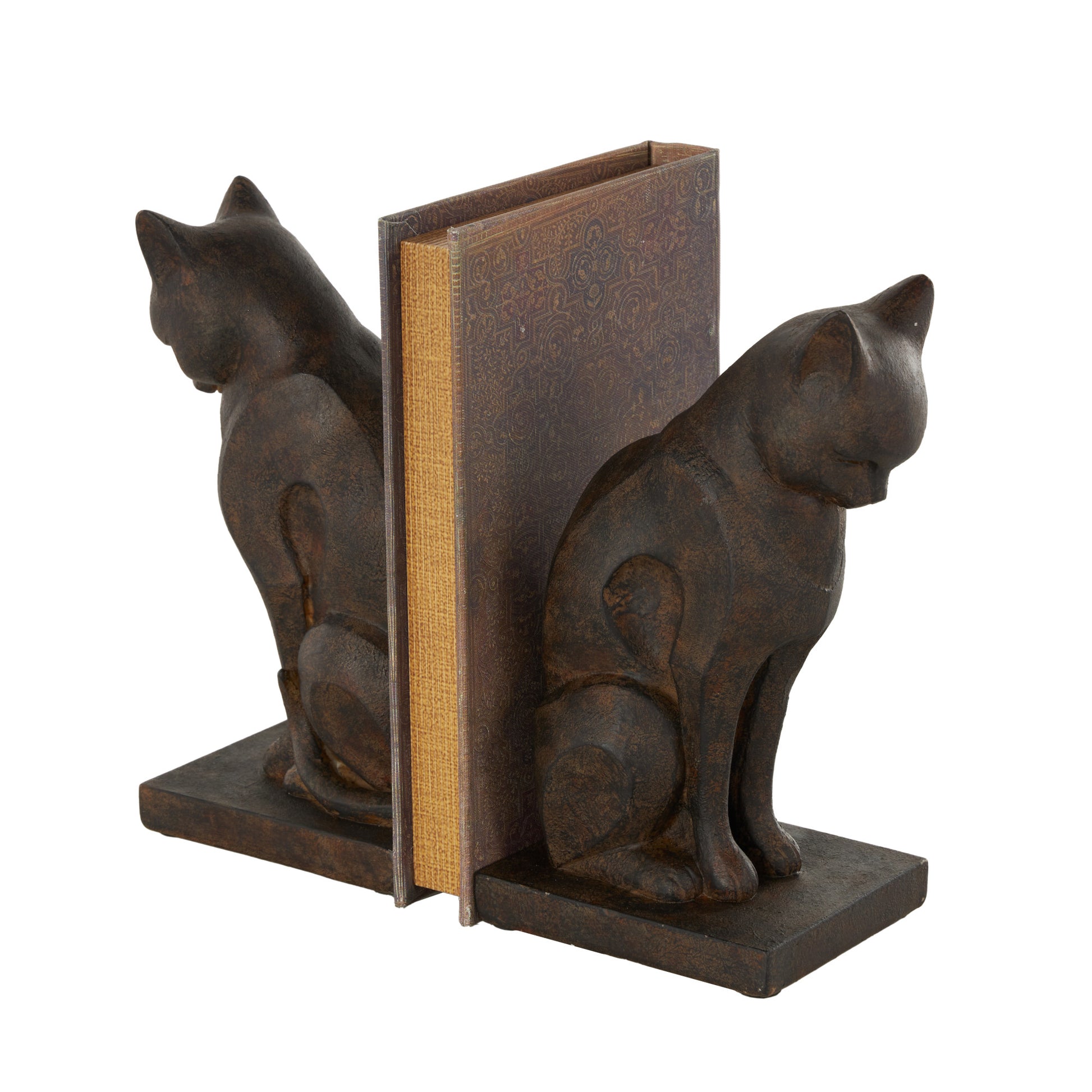 Set of 2 Cat Dark Brown Resin Frowning Decorative Bookends with Copper Accents