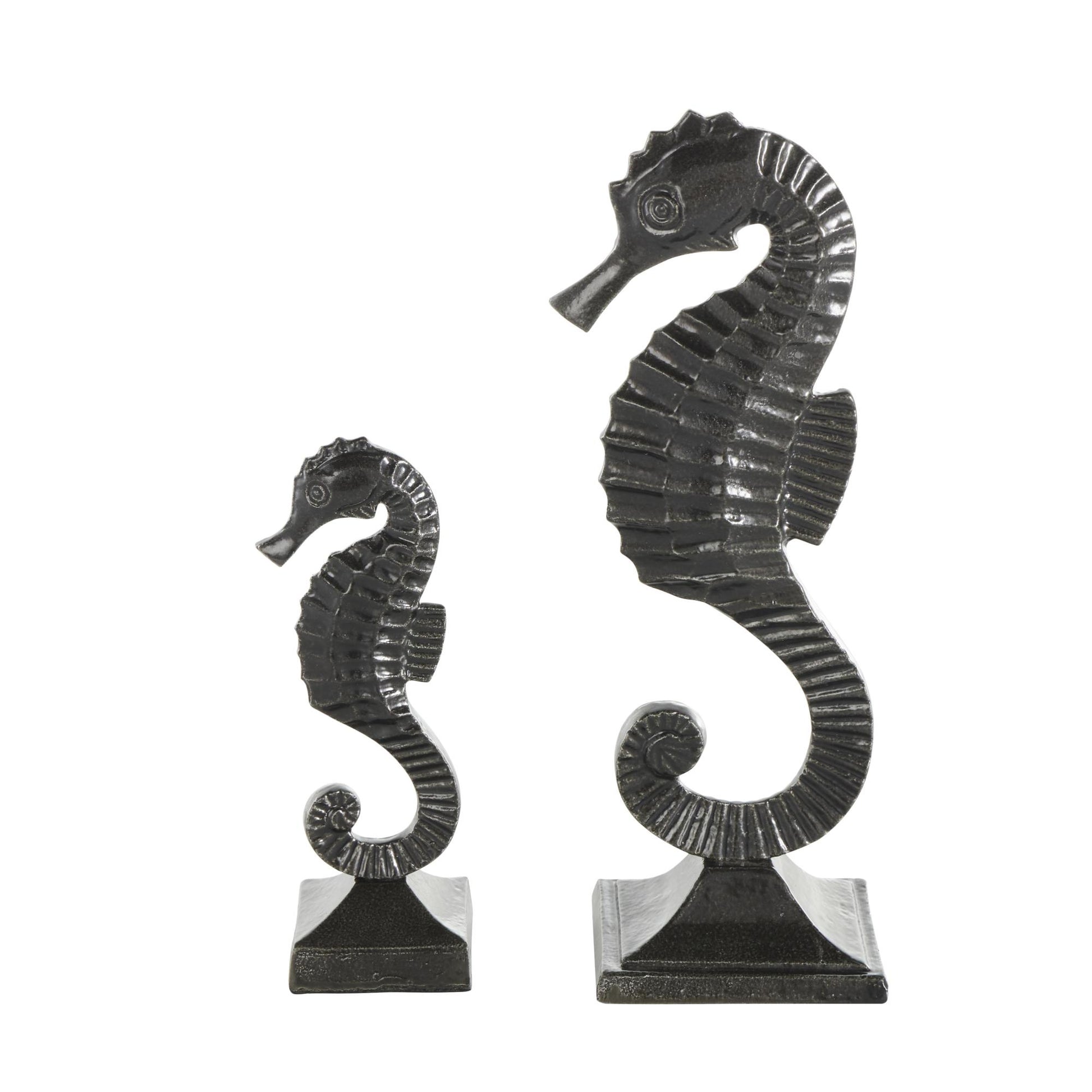 Set of 2 Sea Horse Black Aluminum Metal Decorative Sculpture with Square Bases