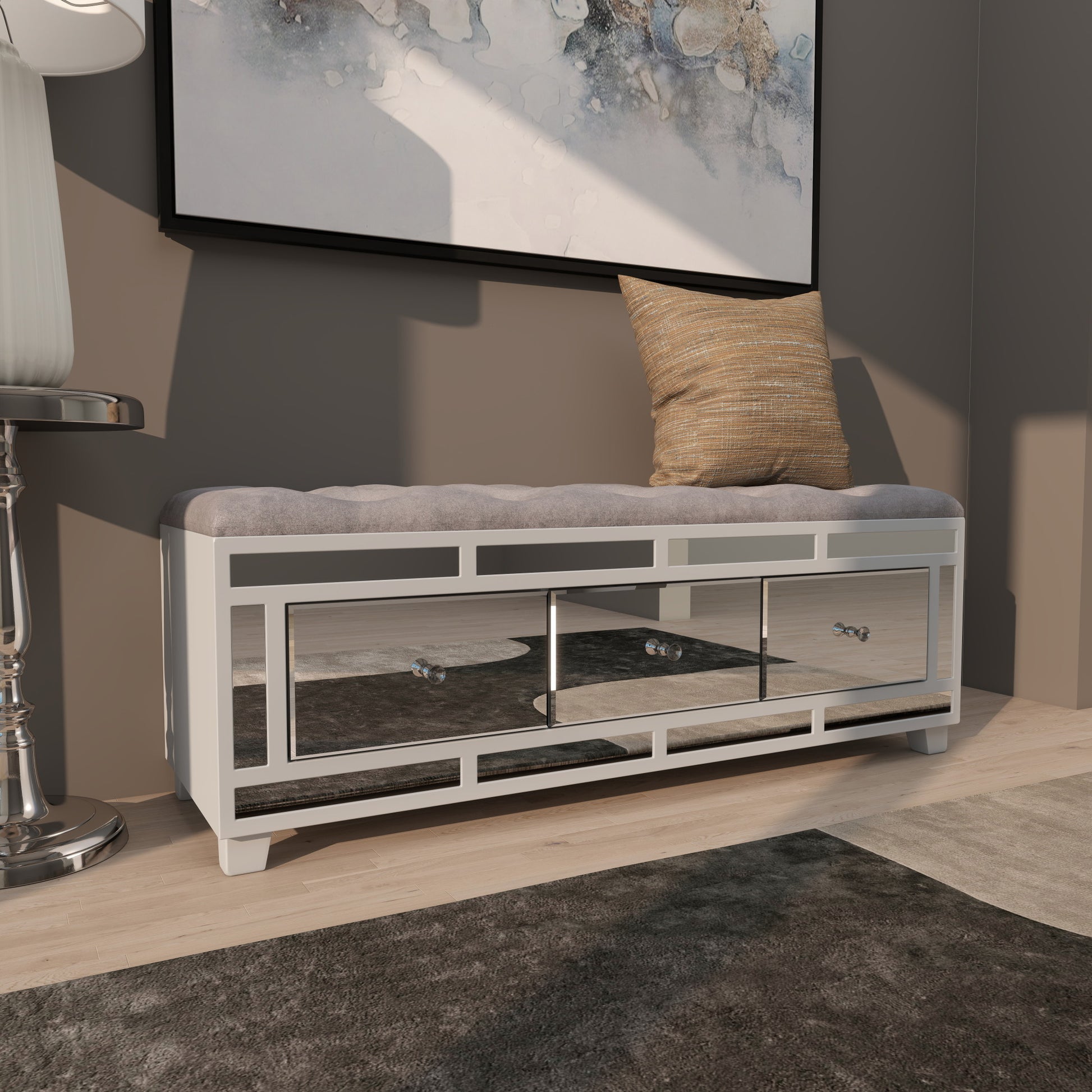Gray Velvet Mirrored 3 Drawer Room Storage Bench with Upholstered Seat