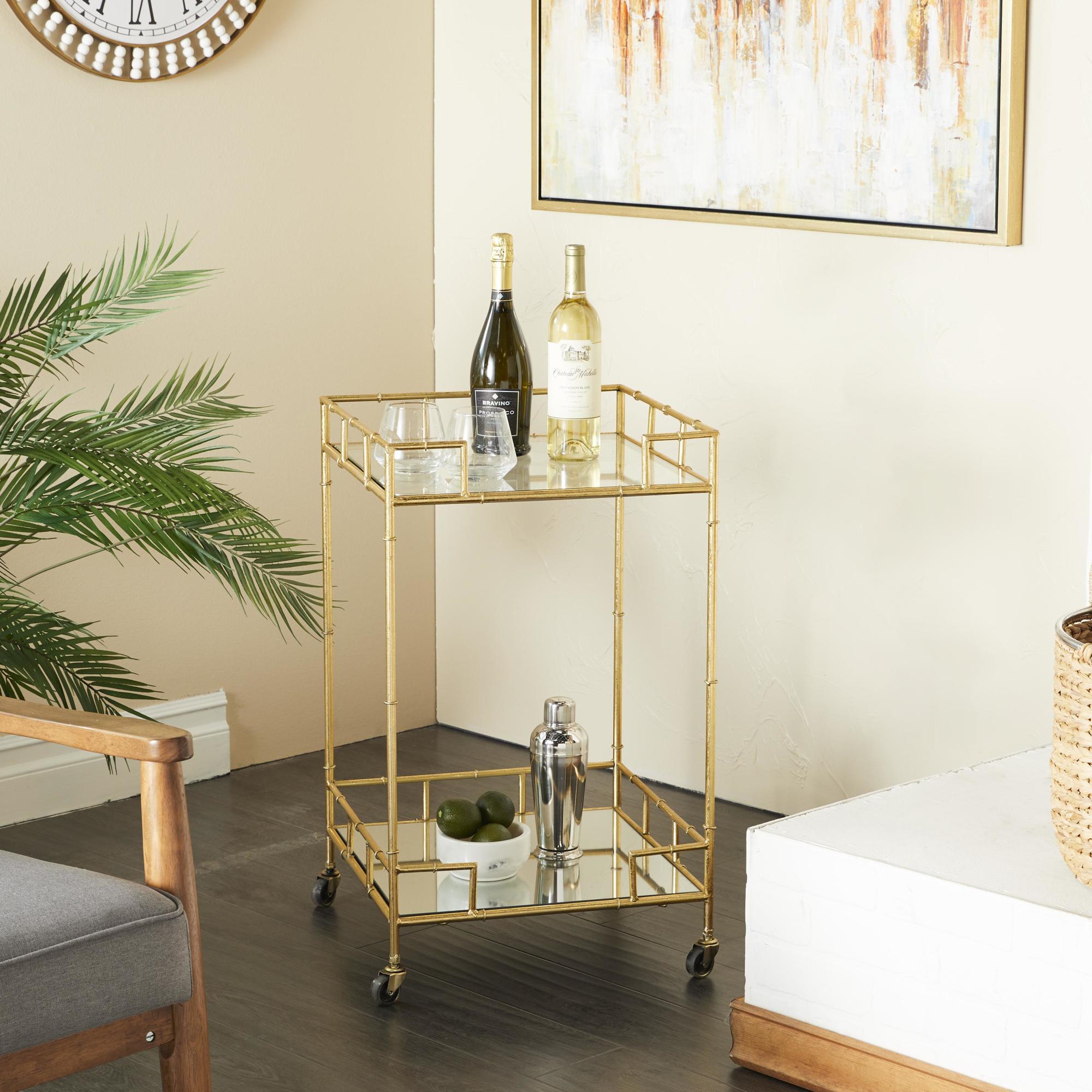 Gold Metal Rolling 2 Shelf Home Bar Cart