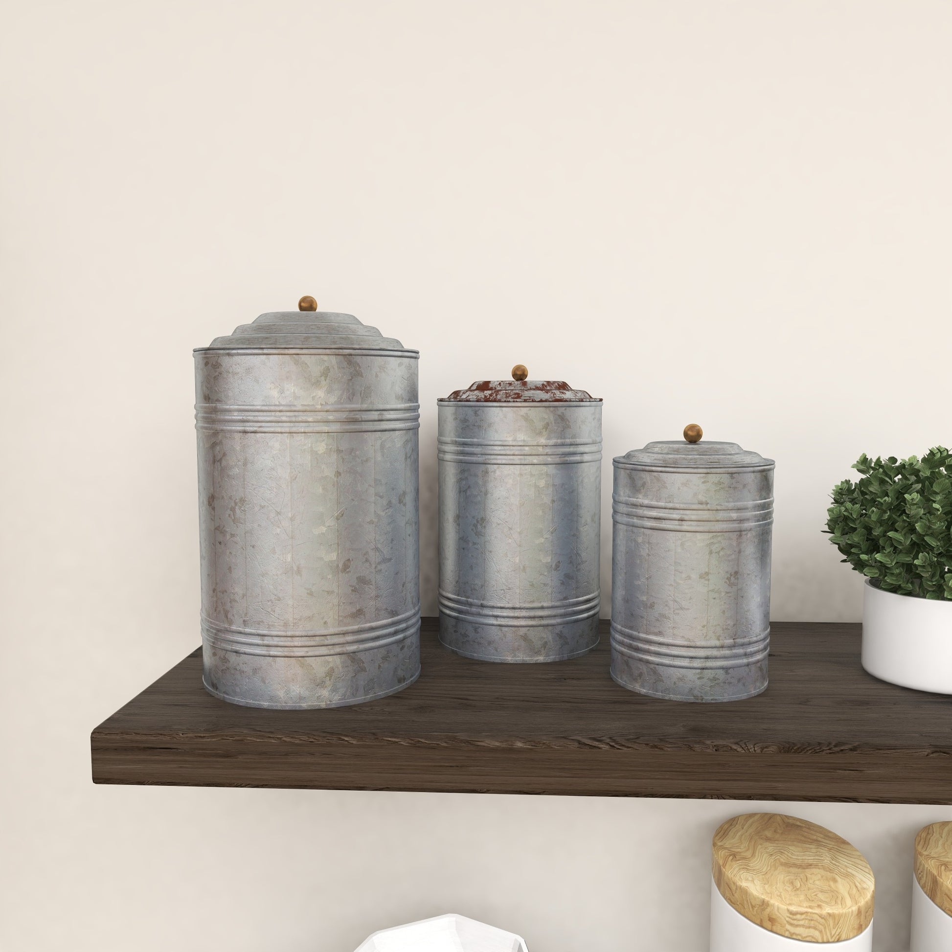 Set of 3 Gray Metal Galvanized Ribbed Living Room Decorative Jars with Gold Ball Knobs