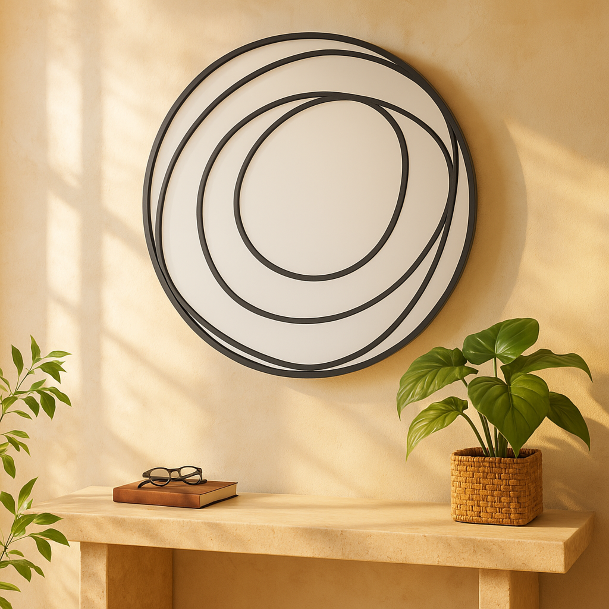 Abstract Black Metal Room Wall Mirror with Overlapping Circles