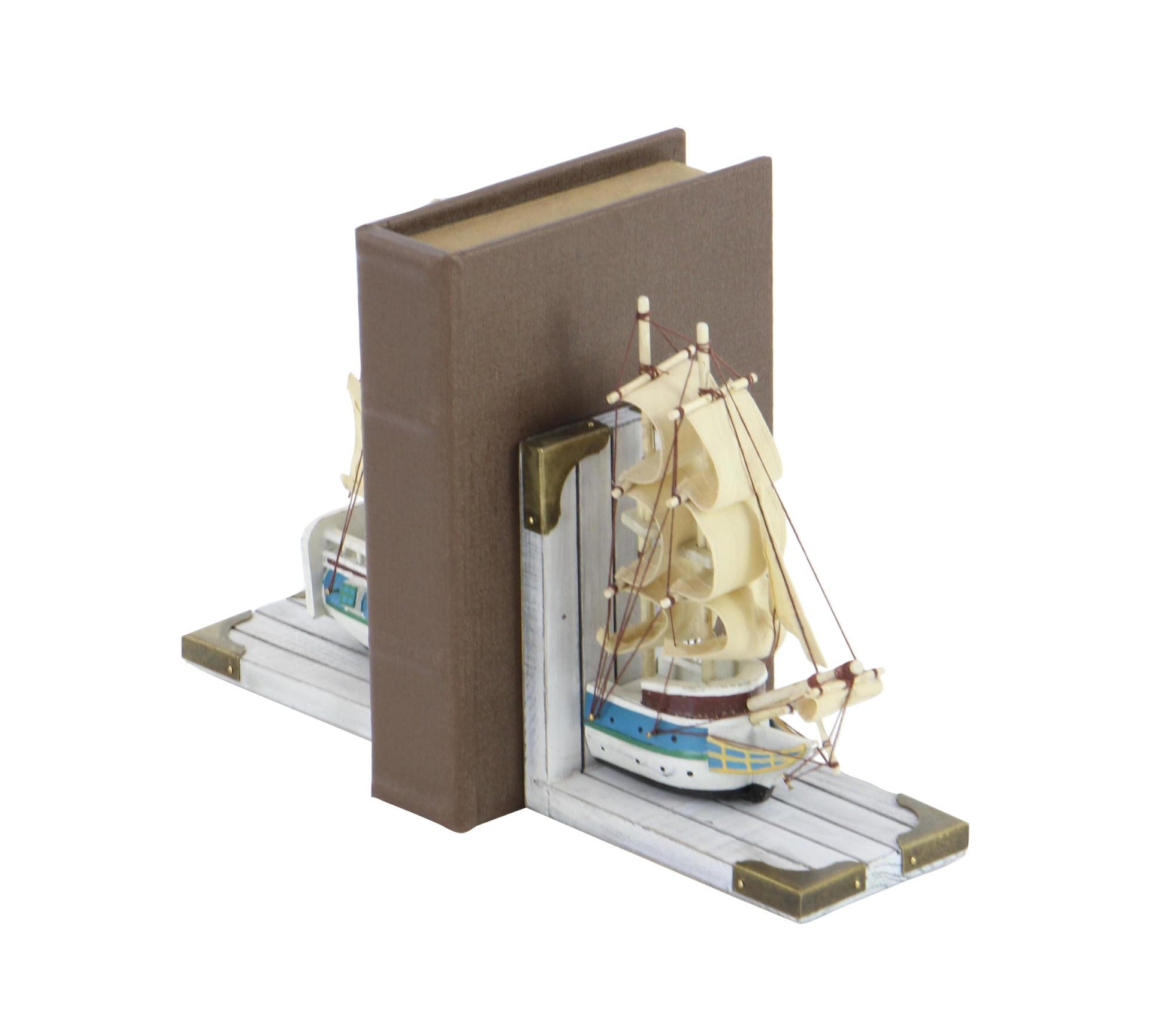 Set of 2 Sail Boat White Wood Decorative Bookends with Real Boat Rigging and Gold Corners