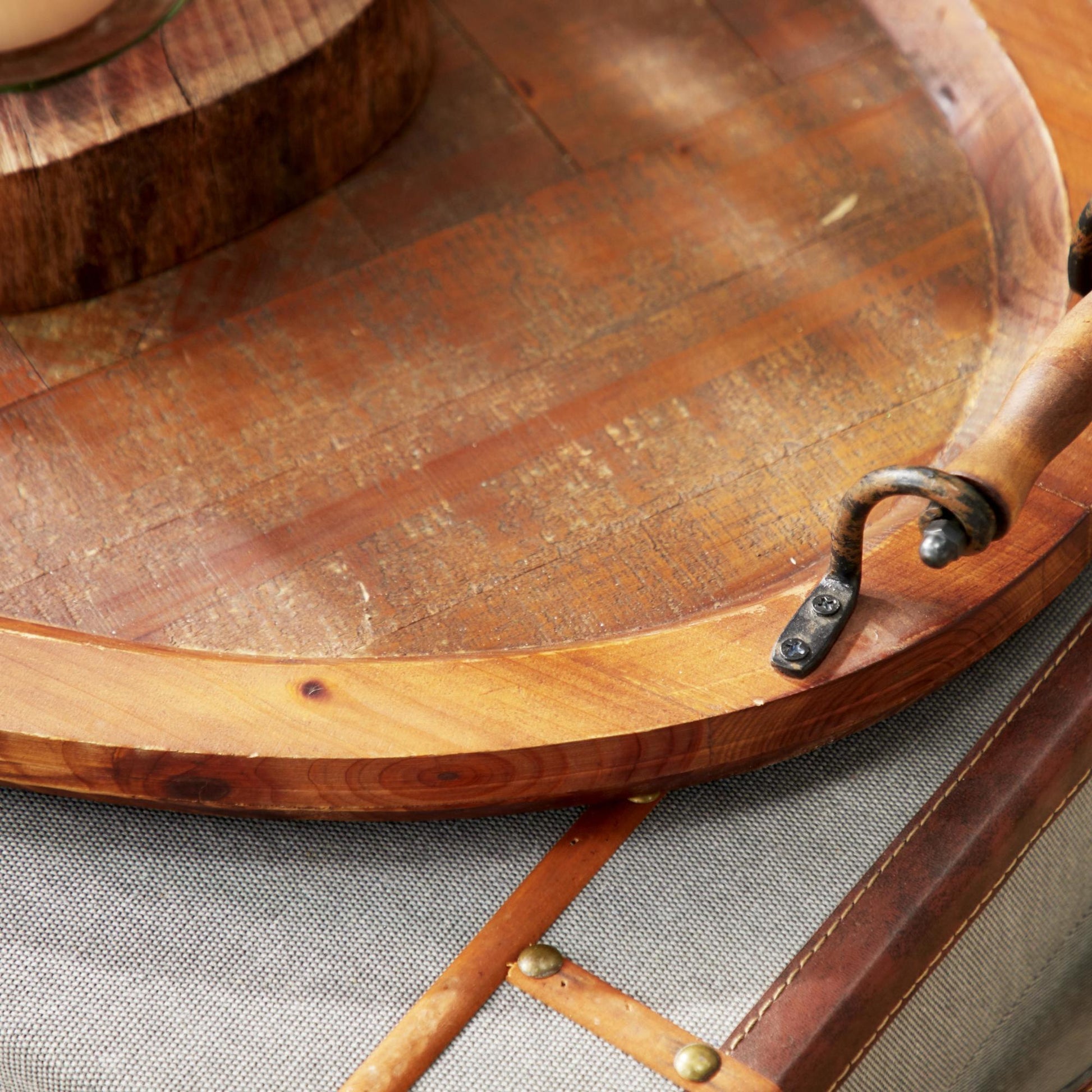 Brown Wood Large Oval Living Room Decor Tray with Scroll Metal Handles