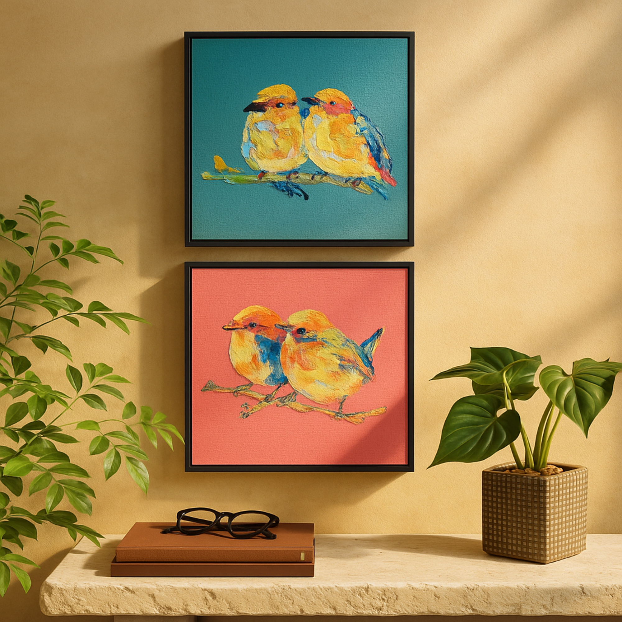Set of 2 Bird Multi Colored Canvas Colorful Living Room Framed Wall Art with Black Frame and Gold Foil Accents