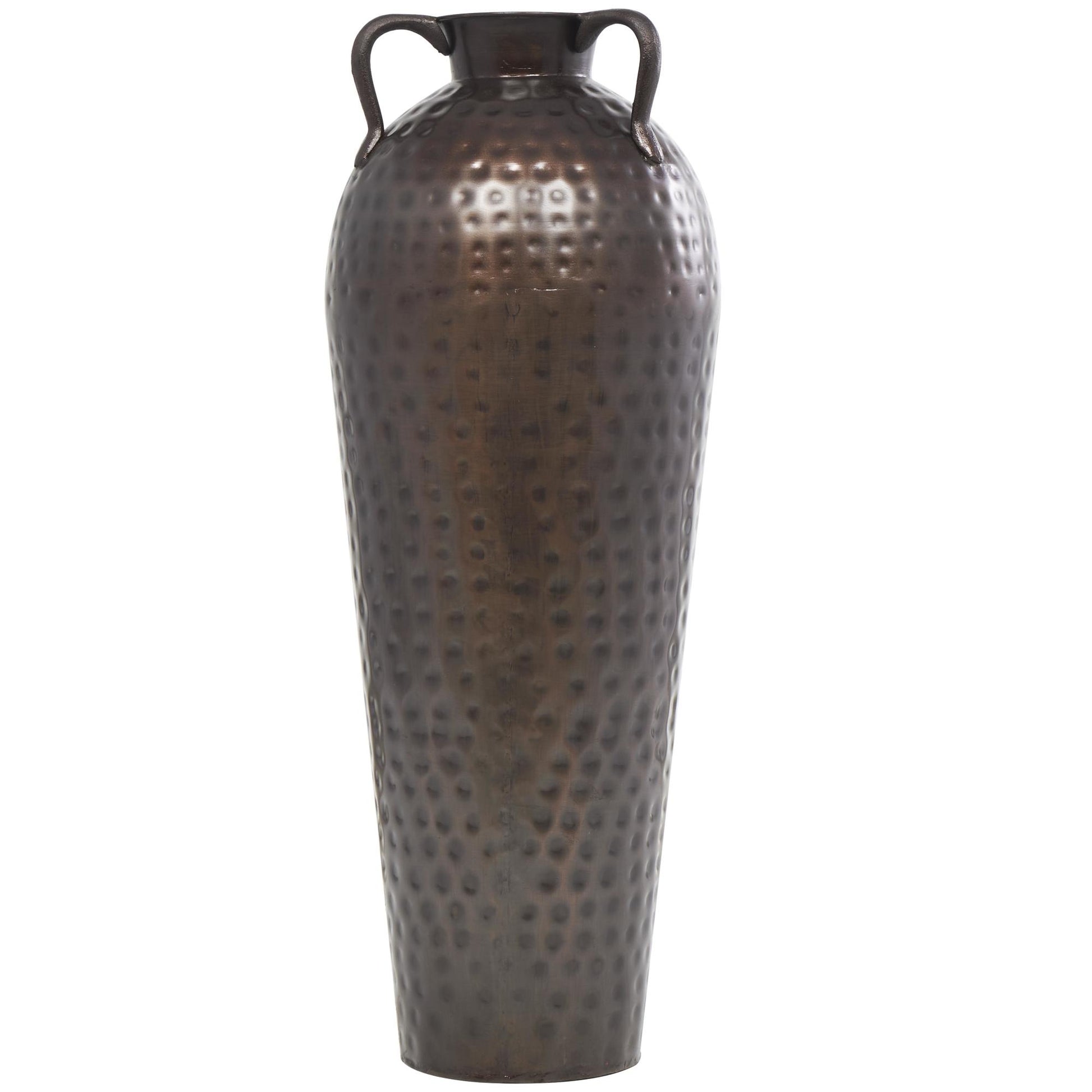 Brown Metal Tall Floor Mediterranean Style Decorative Vase with Hammered Details and Handles