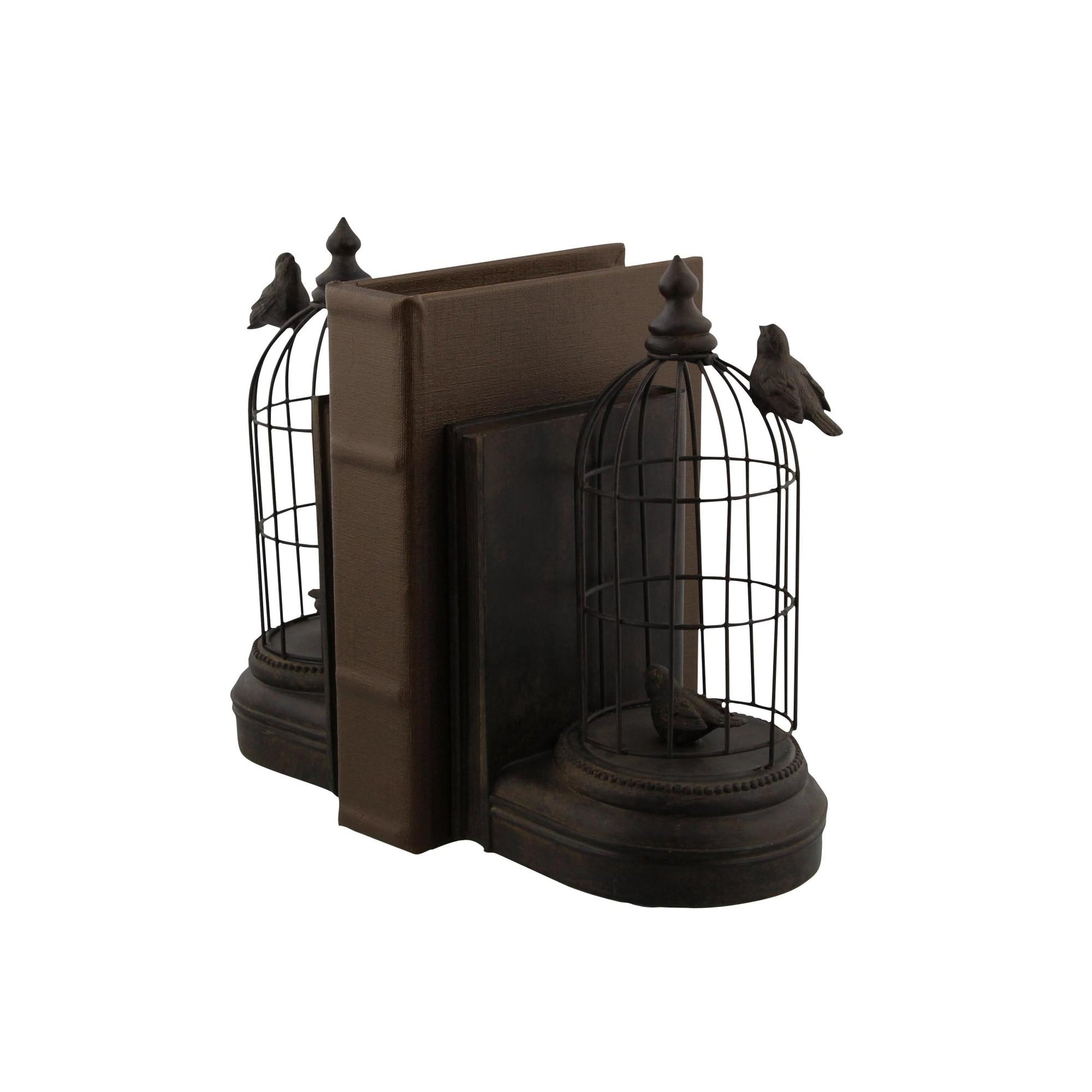 Set of 2 Bird Black Metal Decorative Bookends with Cages
