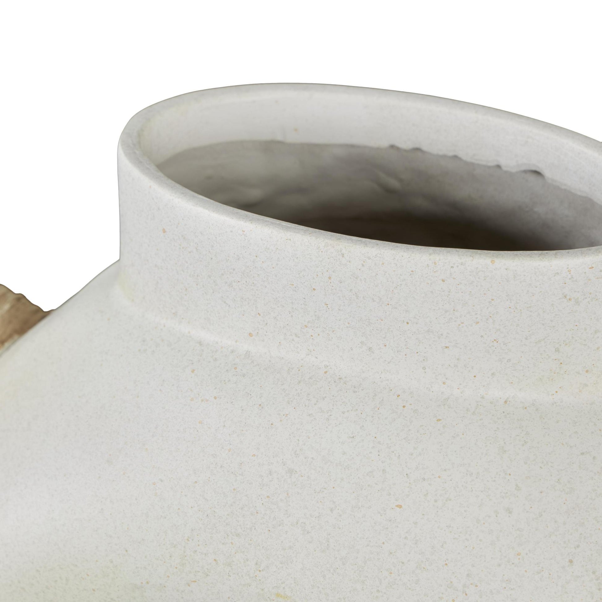 Geometric Cream Resin Round Speckled Decorative Vase with Woven Inspired Arched Handles and Cutout Opening