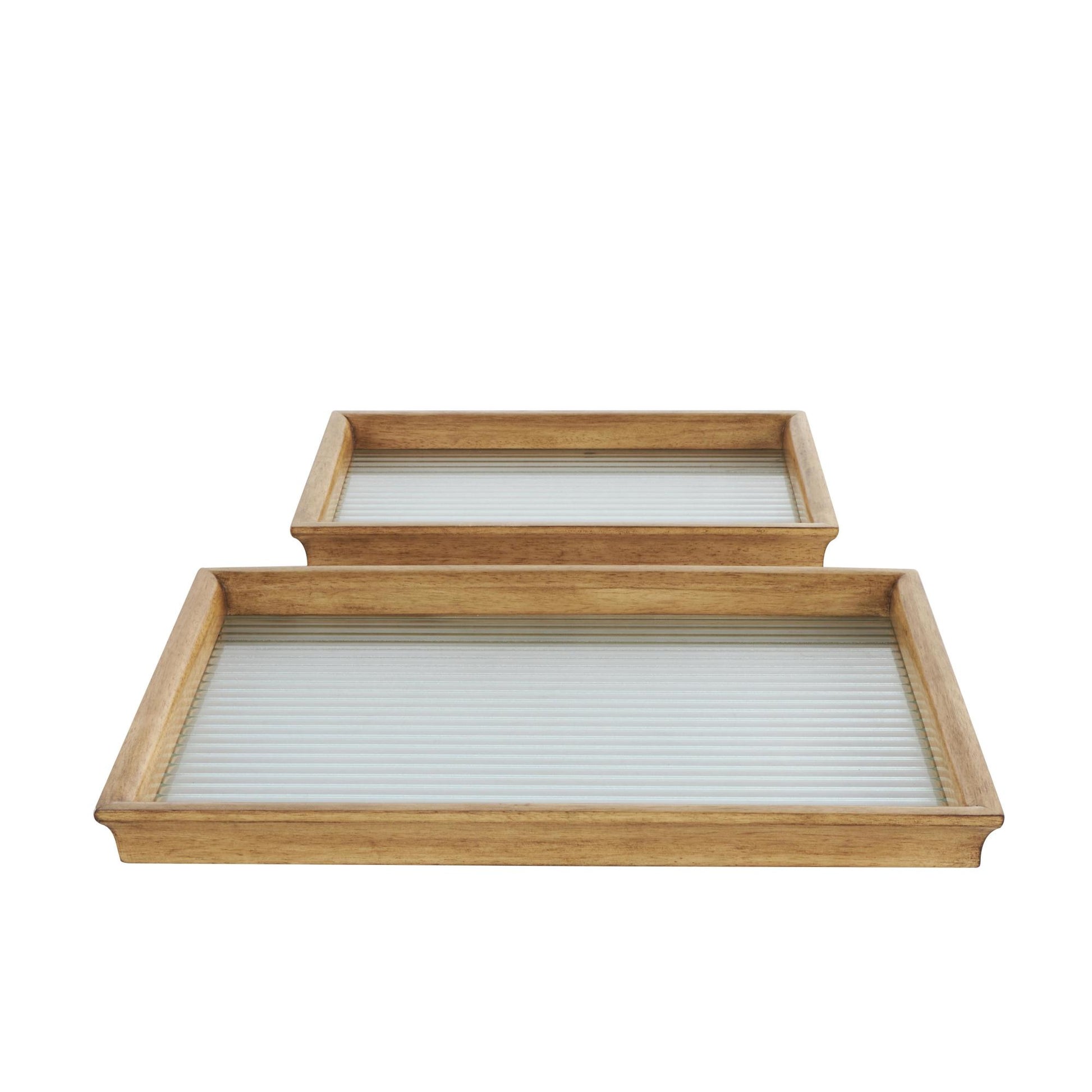 Set of 2 Brown Wood Nesting Living Room Decor Tray with Fluted Glass Bases