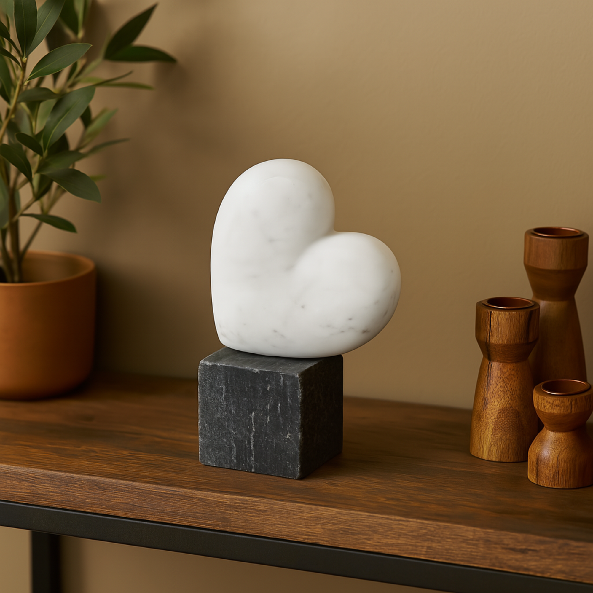 Heart White Marble Slanted Decorative Sculpture with Black Block Base