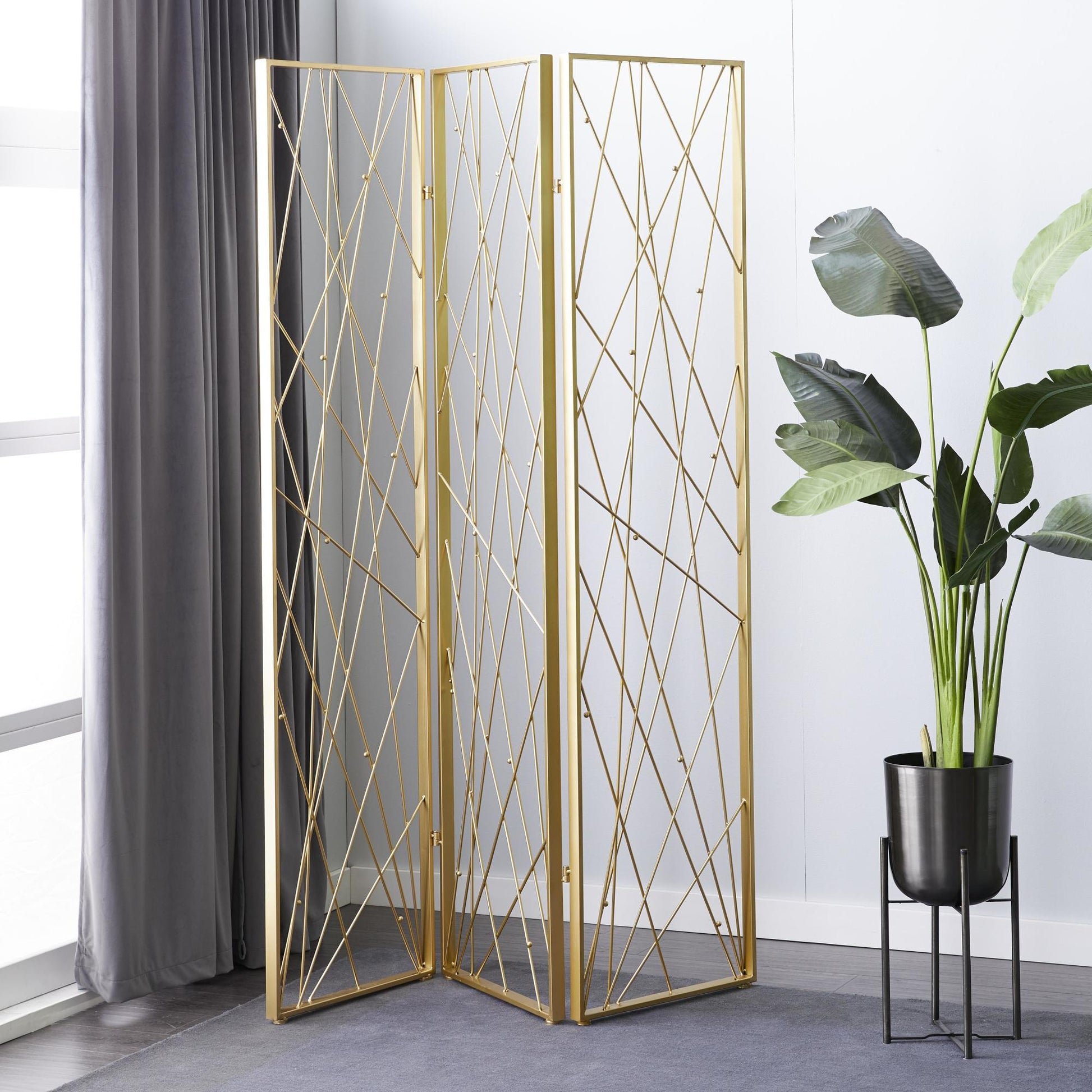 Abstract Gold Metal Foldable Partition 3 Panel Partition Room Divider Screen with Wire Rod Accents