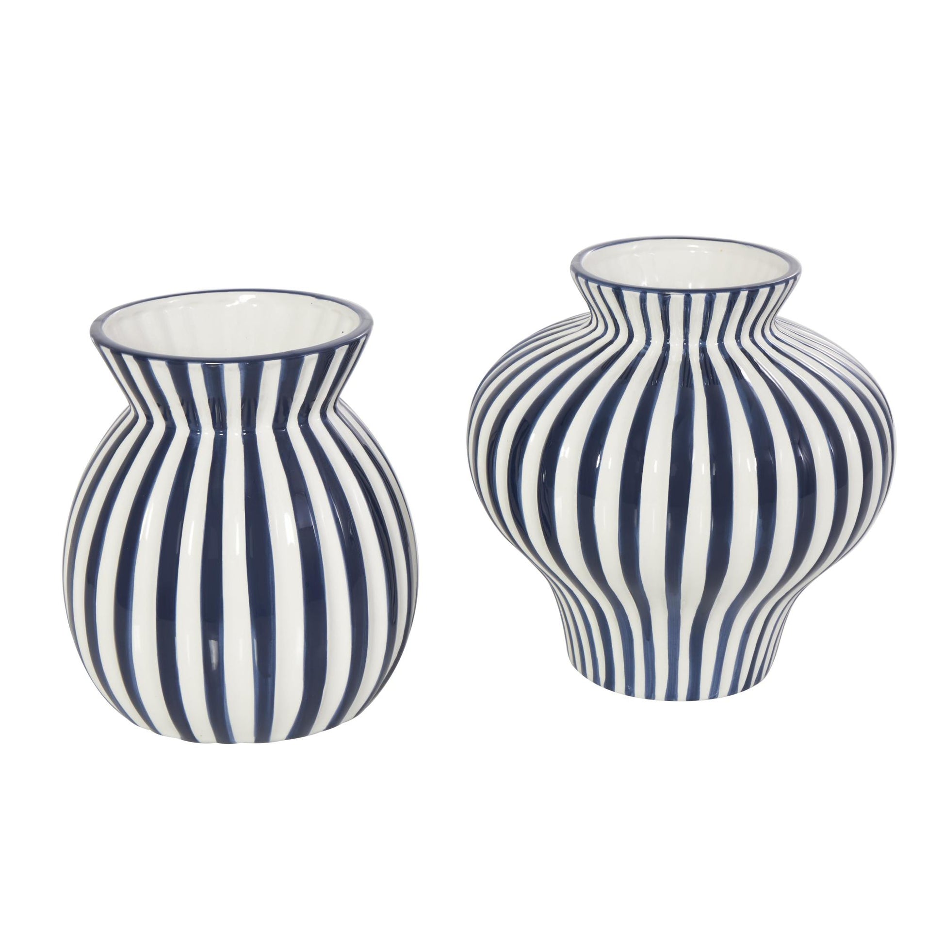Set of 2 Blue Ceramic Striped Rounded Decorative Vase with Varying Shapes