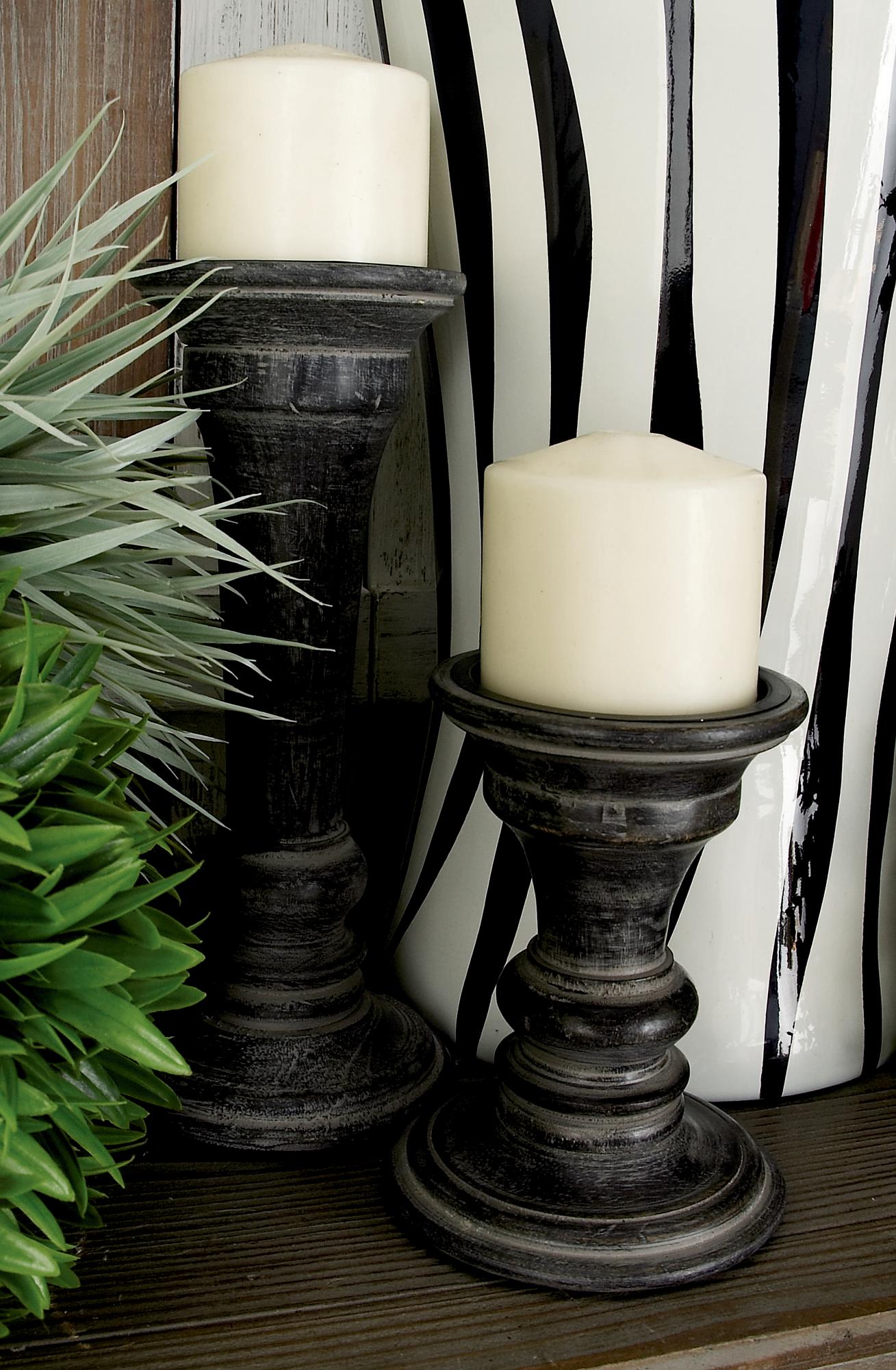Set of 3 Black Mango Wood Whitewashed Turned Decorative Candle Holder