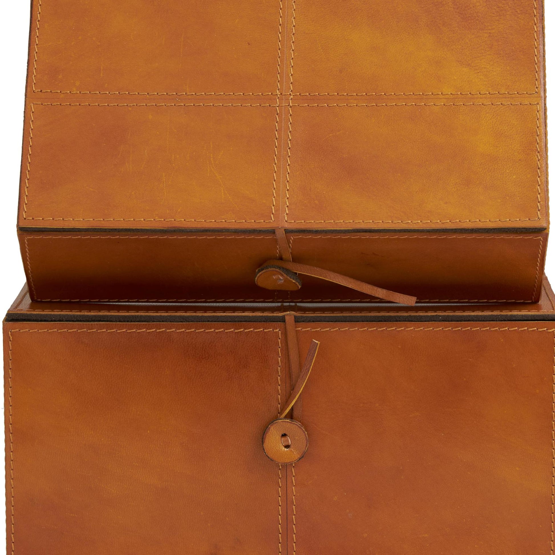 Set of 2 Leather Handmade Cowhide Storage Decorative Box with Leather Loop Closure and Stitching Detail