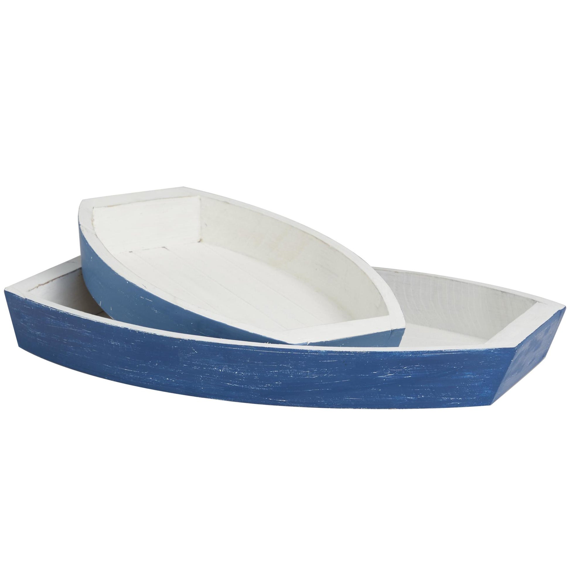 Set of 2 Boat Blue Wood Handmade Distressed Two Toned Living Room Decor Tray