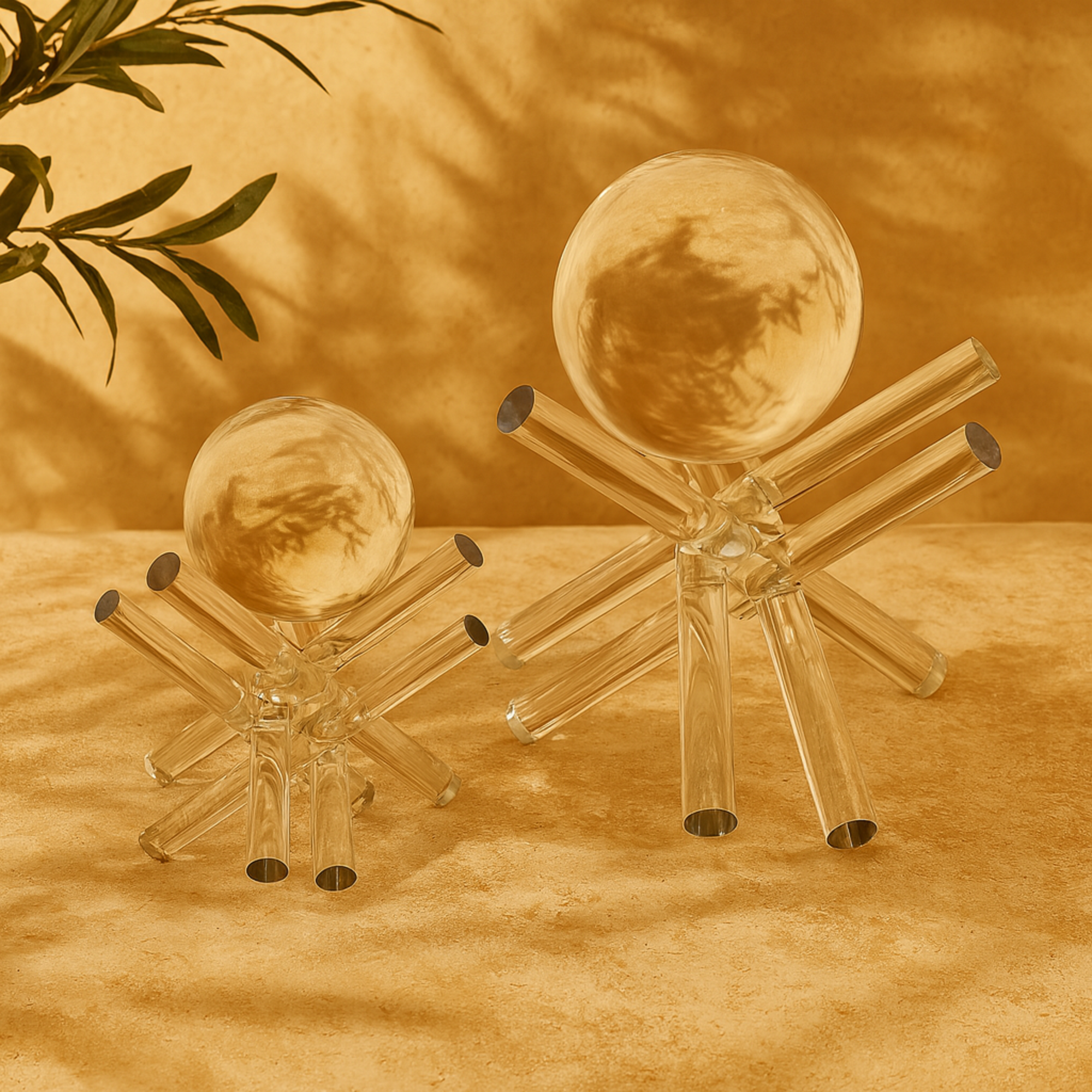 Set of 2 Jack Clear Crystal Inspired Decorative Sculpture with Clear Resting Orbs