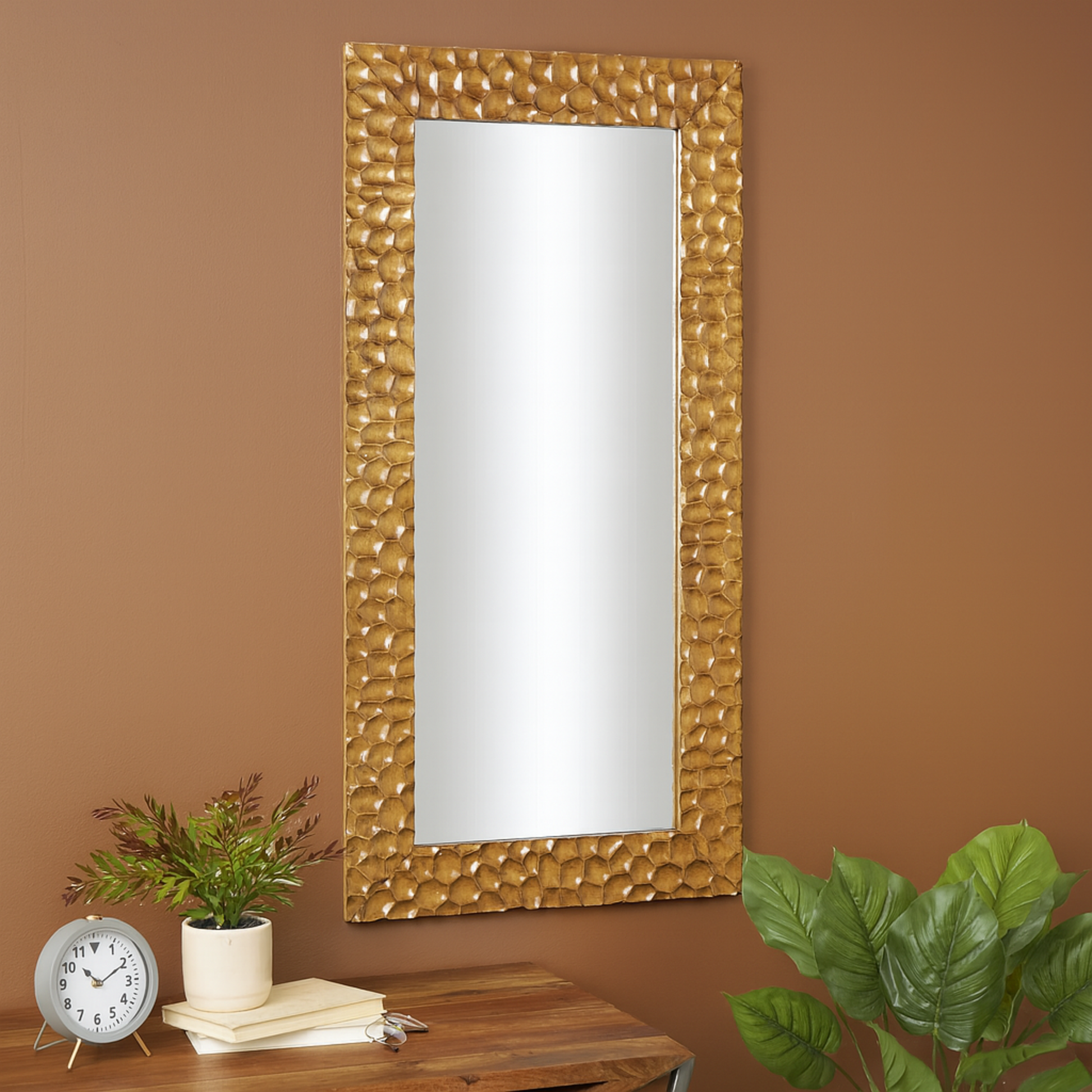 Geometric Brown Wood Textured Concave Honeycomb Room Floor Mirror