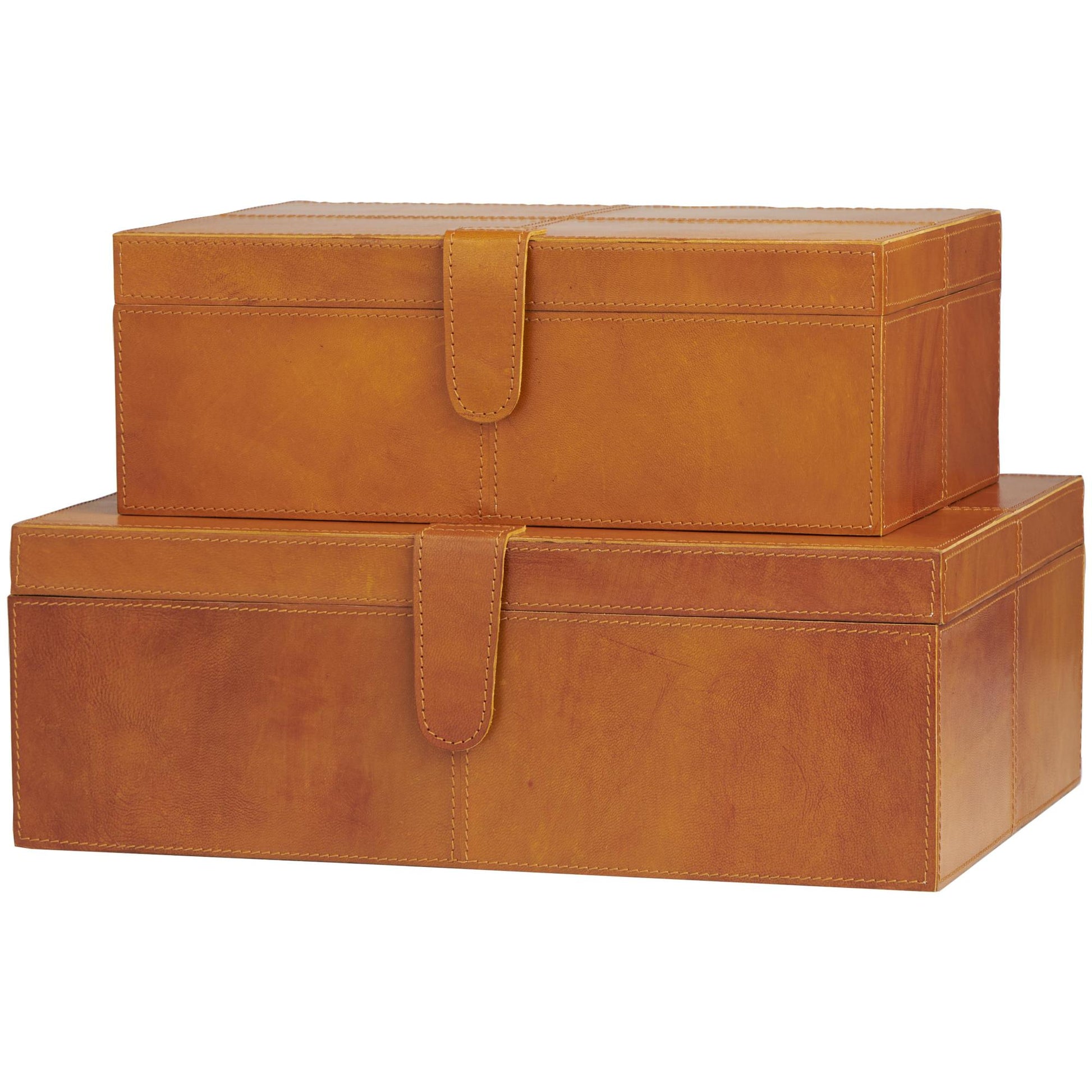 Set of 2 Leather Handmade Cowhide Storage Decorative Box with Stitching Detail