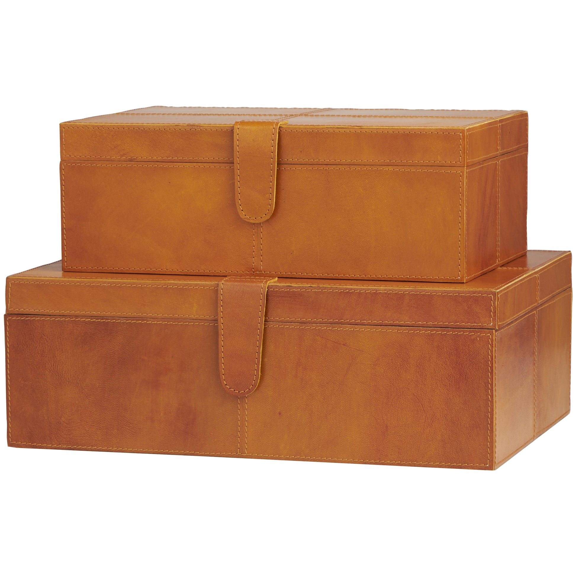 Set of 2 Leather Handmade Cowhide Storage Decorative Box with Stitching Detail