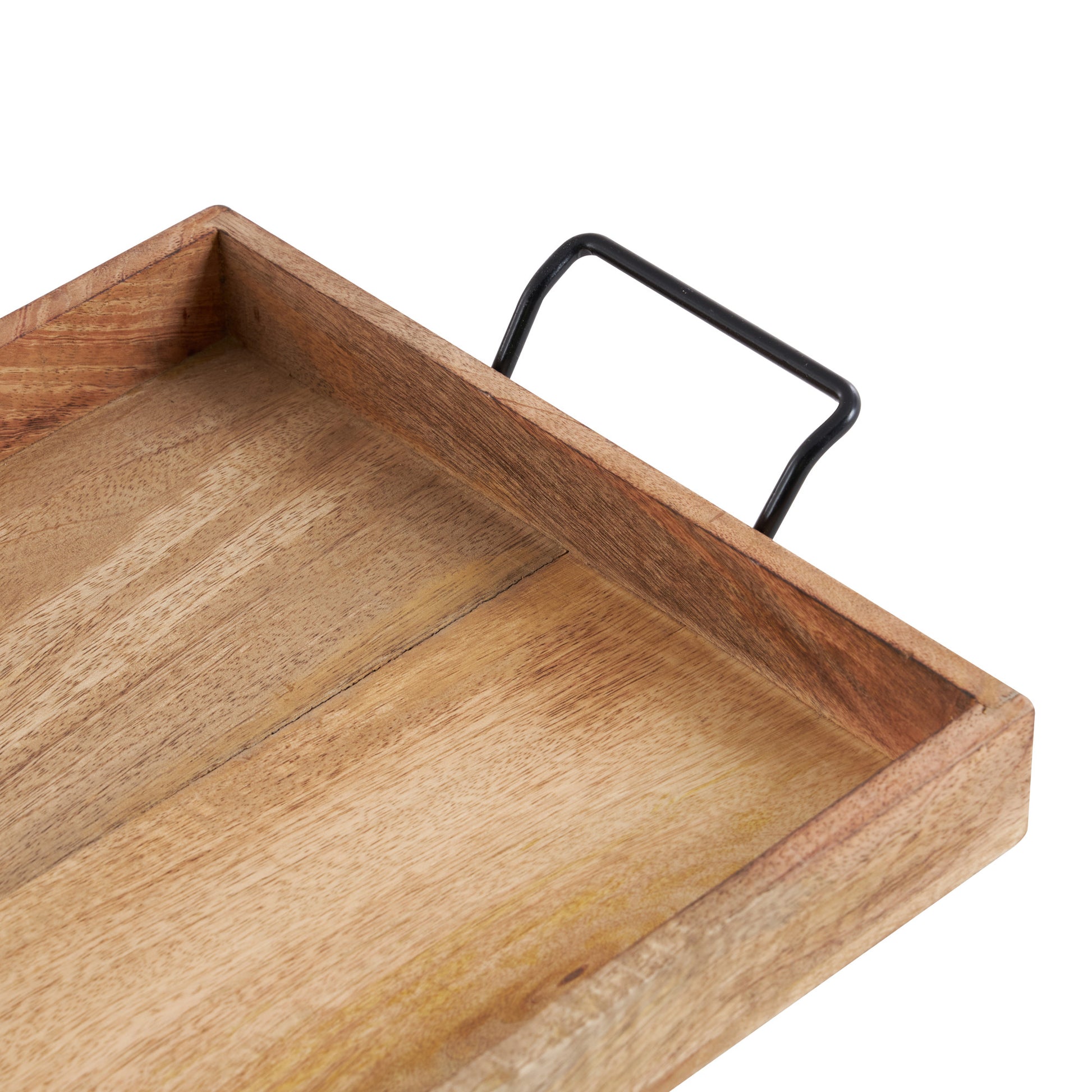 Set of 3 Brown Mango Wood Rectangular Living Room Decor Tray with Black Metal Handles