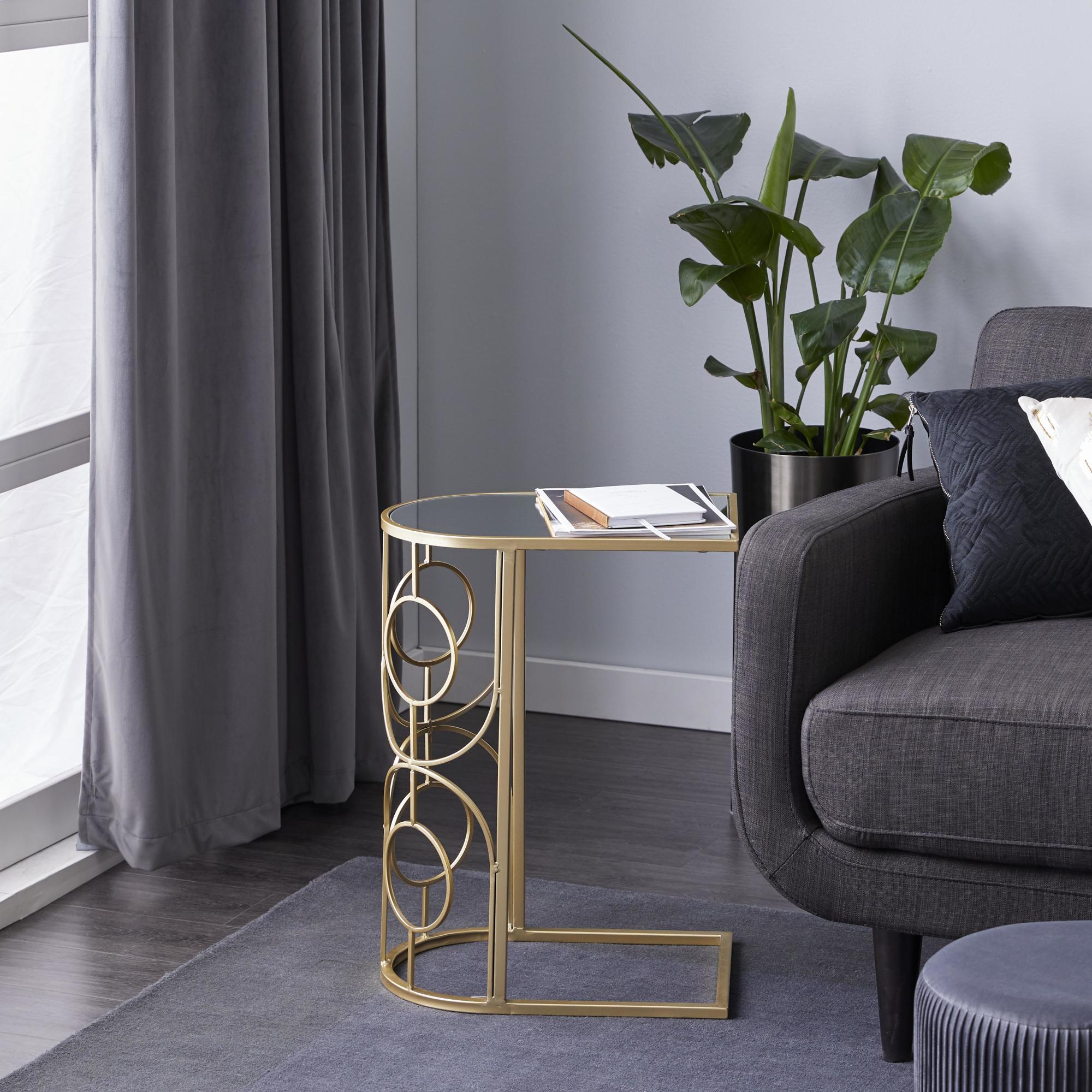 Geometric Gold Metal Side End Accent Table with Mirrored Glass Top