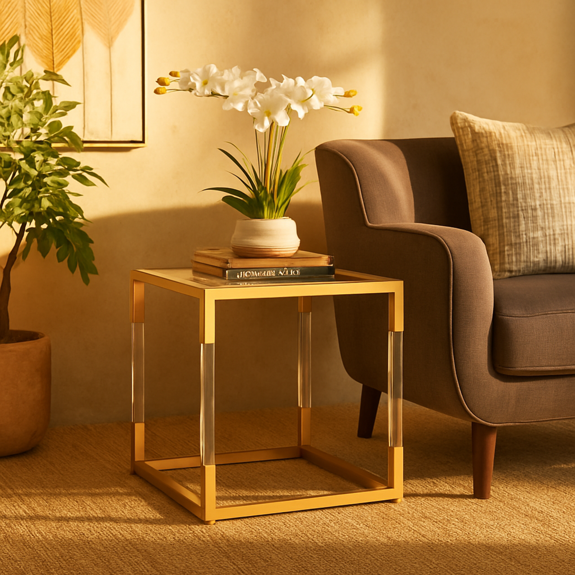 Floral Metal Cube Shaped Side End Accent Table with Clear Glass Top and Acrylic Legs 19" x 19" x 20"