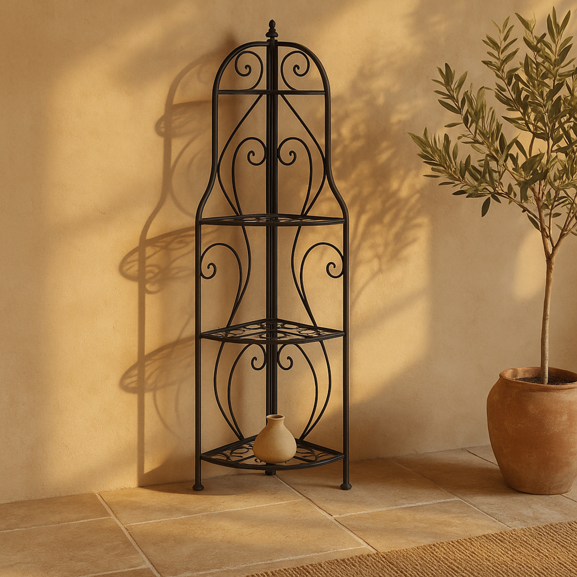 Scroll Black Metal Indoor Outdoor Arched Tall Folding Corner 4 Shelf Decorative Bakers Rack