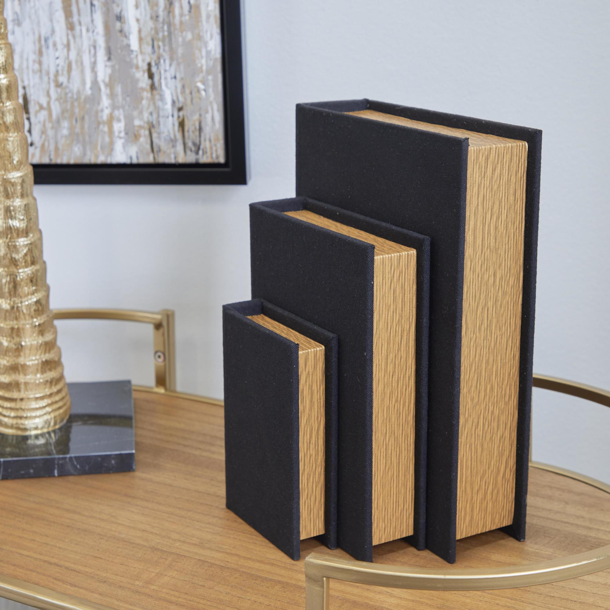 Set of 3 Linen Fabric Textured Faux Book Storage Decorative Box with Gold Page Detailing