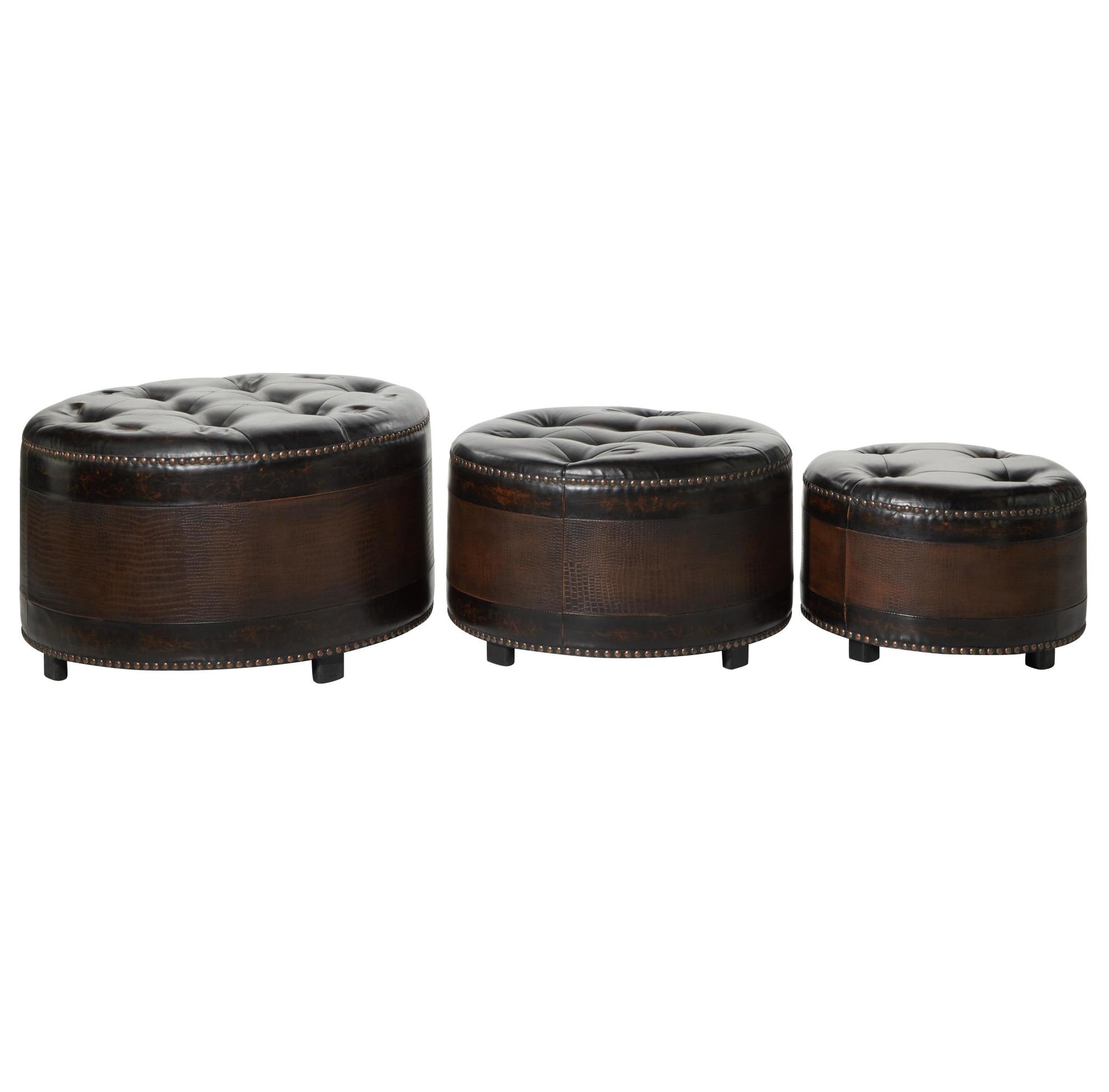 Set of 3 Dark Brown Wooden Room Storage Ottoman with Tufted Top