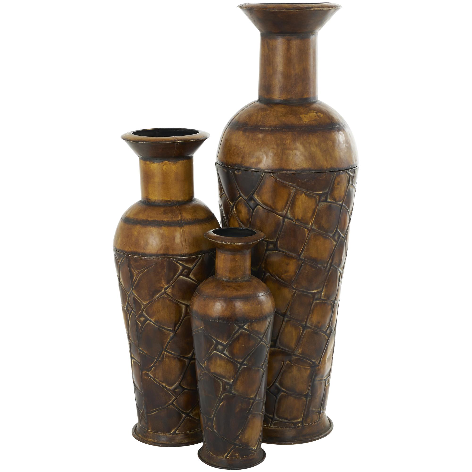 Set of 3 Brown Metal Indoor Outdoor Tall Floor Bottleneck Decorative Vase with Tortoise Shell Pattern