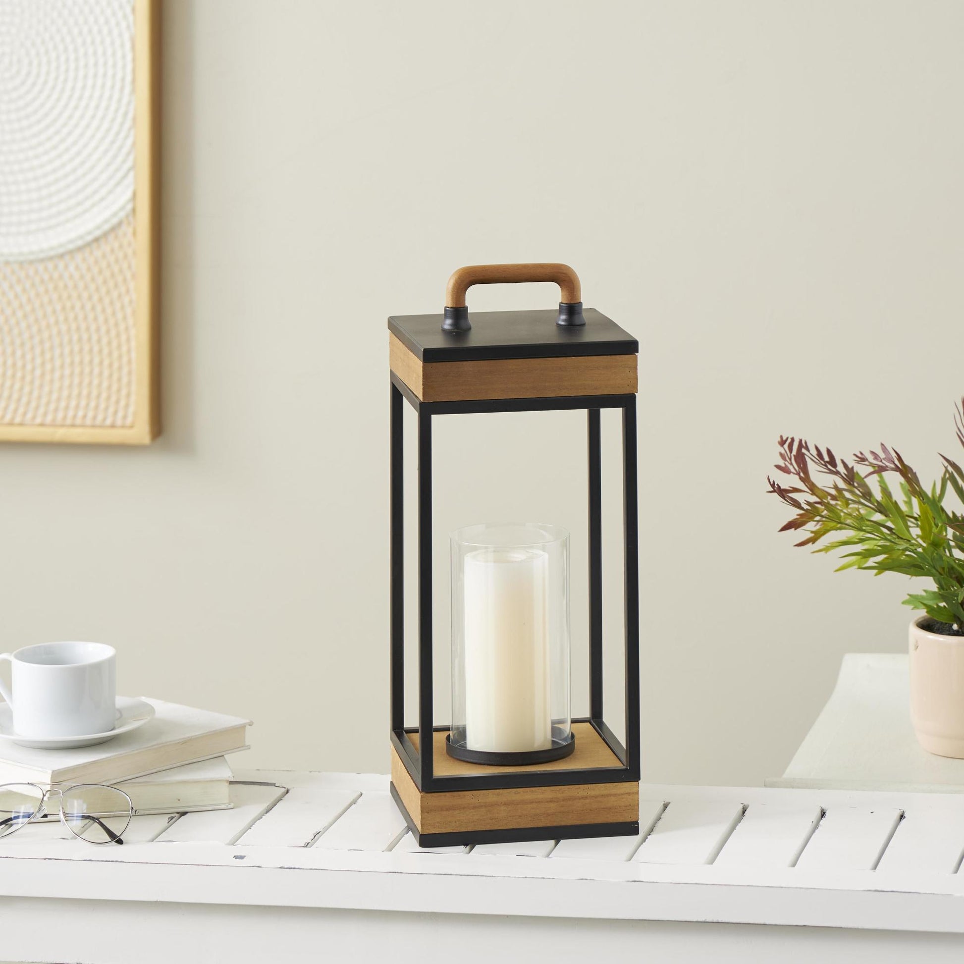 Brown Metal Open Frame Indoor Outdoor Candle Lantern with Black Metal Accents