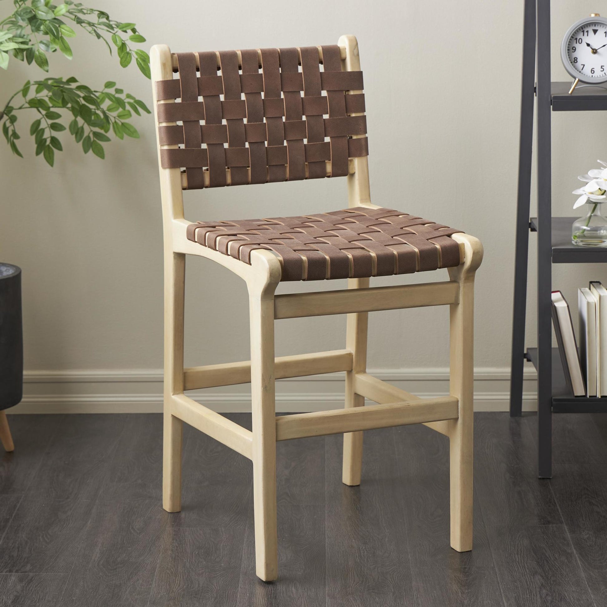 Mango Wood Handmade Woven Kitchen Bar Stool with with Backrest and Footrest