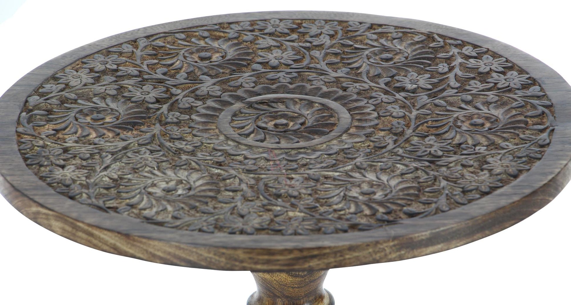 Elephant Mango Wood Handmade Intricately Carved Side End Accent Table with Turned Base