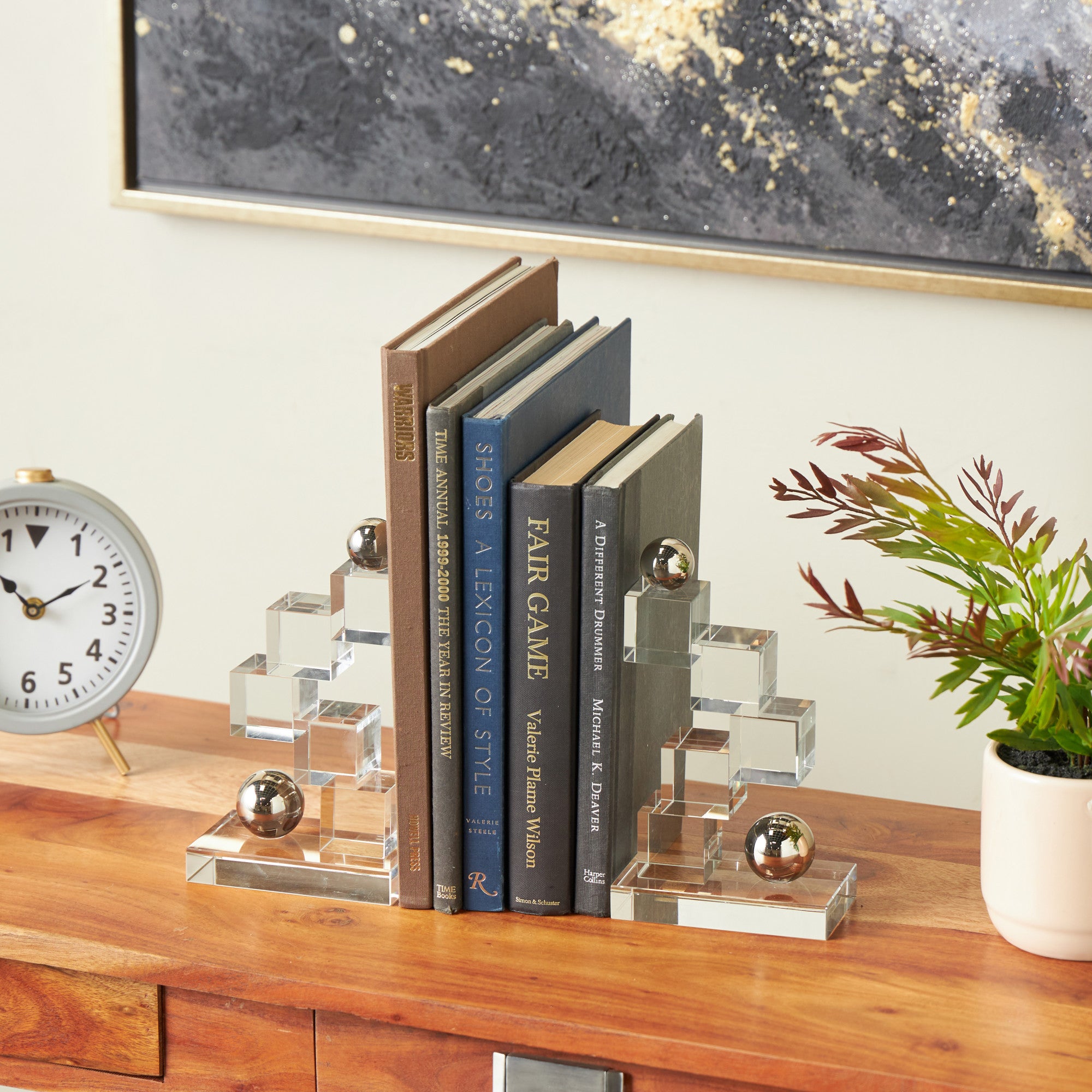 Set of 2 Geometric Clear Glass Stacked Squares Decorative Bookends with Silver Orbs