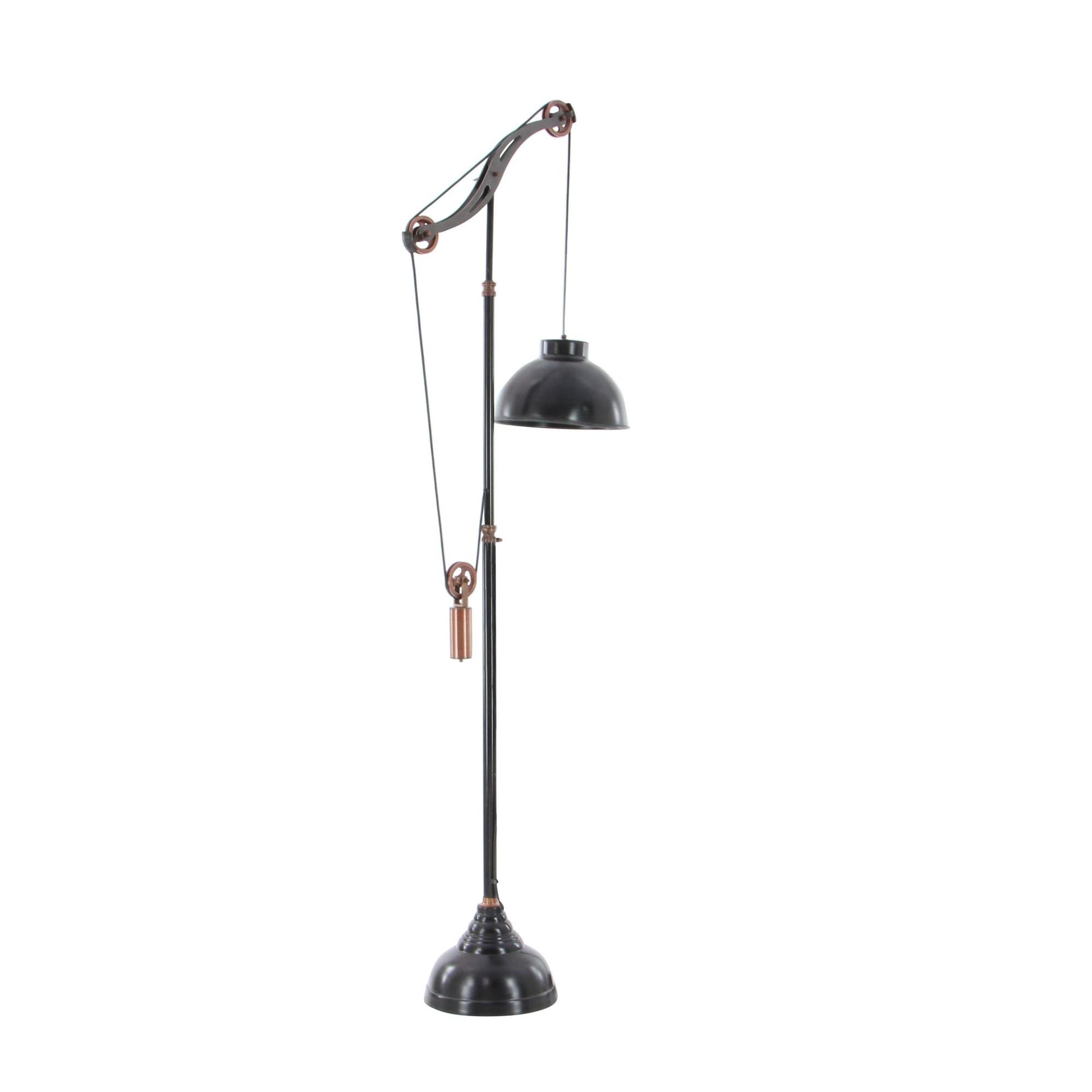 Black Aluminum Metal Pulley Room Floor Lamp with Copper Accents