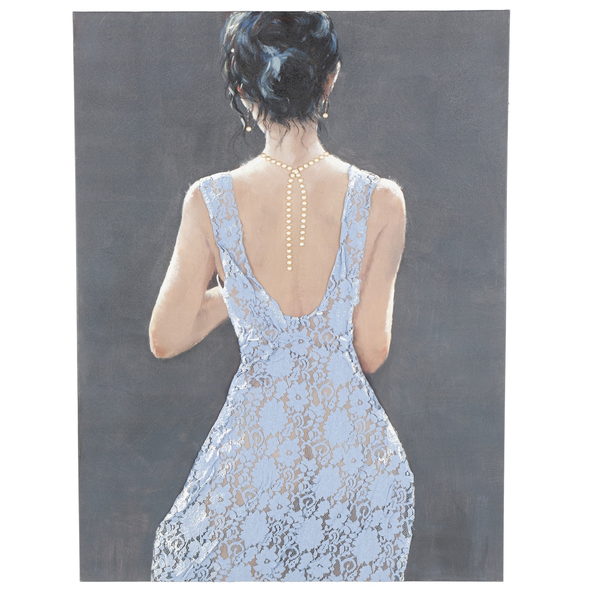 Woman Multi Colored Canvas Living Room Framed Wall Art with 3D Blue Fabric Dress and Gold Jewels